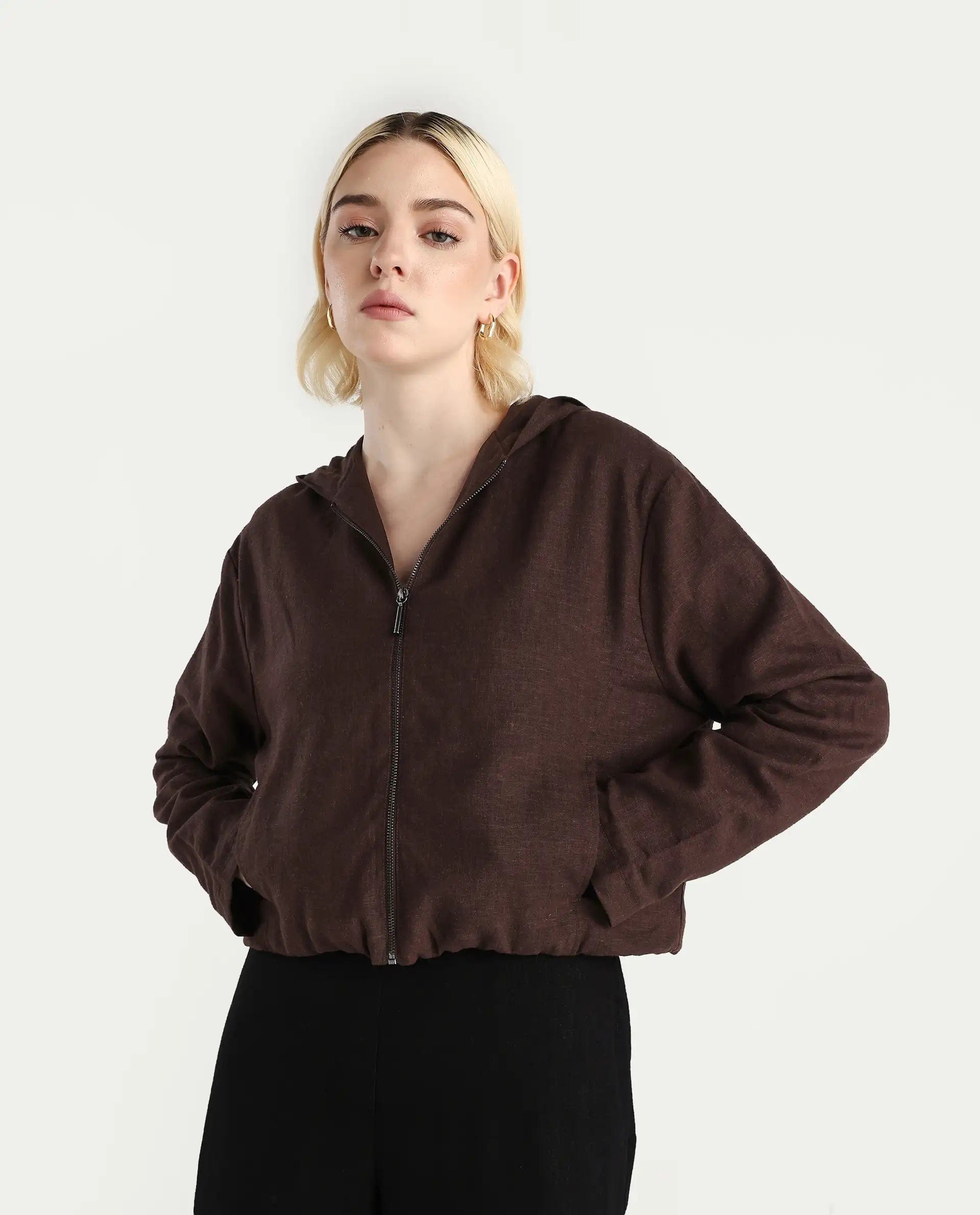 Rareism Women's Colin - T Prune Linen Blend Hooded Regular Fit Jacket