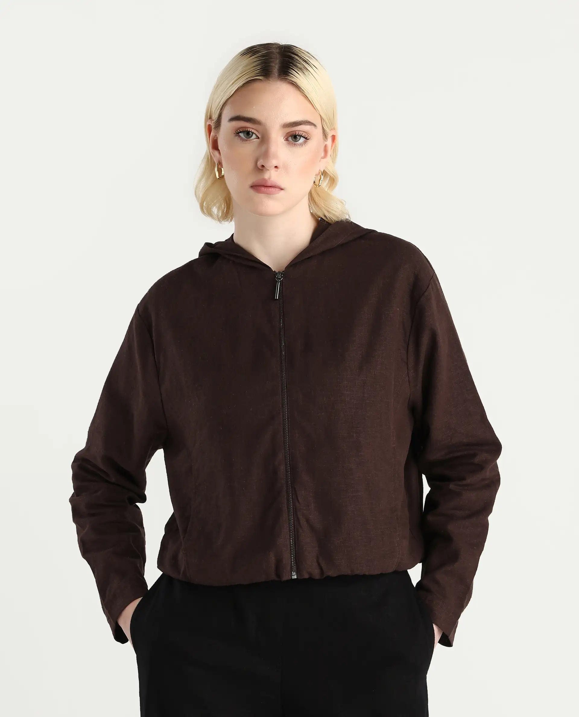 Rareism Women's Colin - T Prune Linen Blend Hooded Regular Fit Jacket
