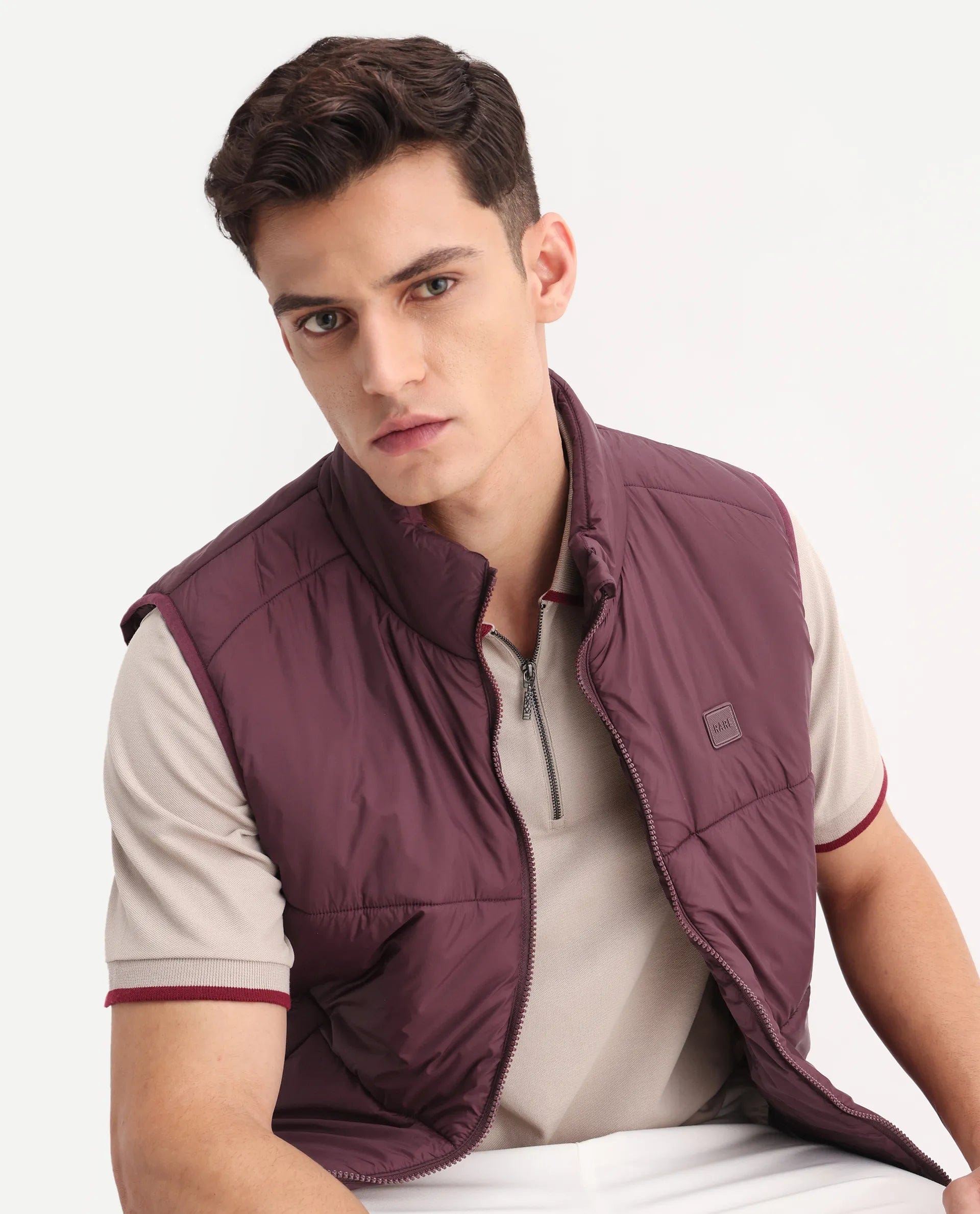 RARE Rabbit Men's Berry - 25 Maroon Polyester Plain Regular Fit Sleeveless High Neck Jacket