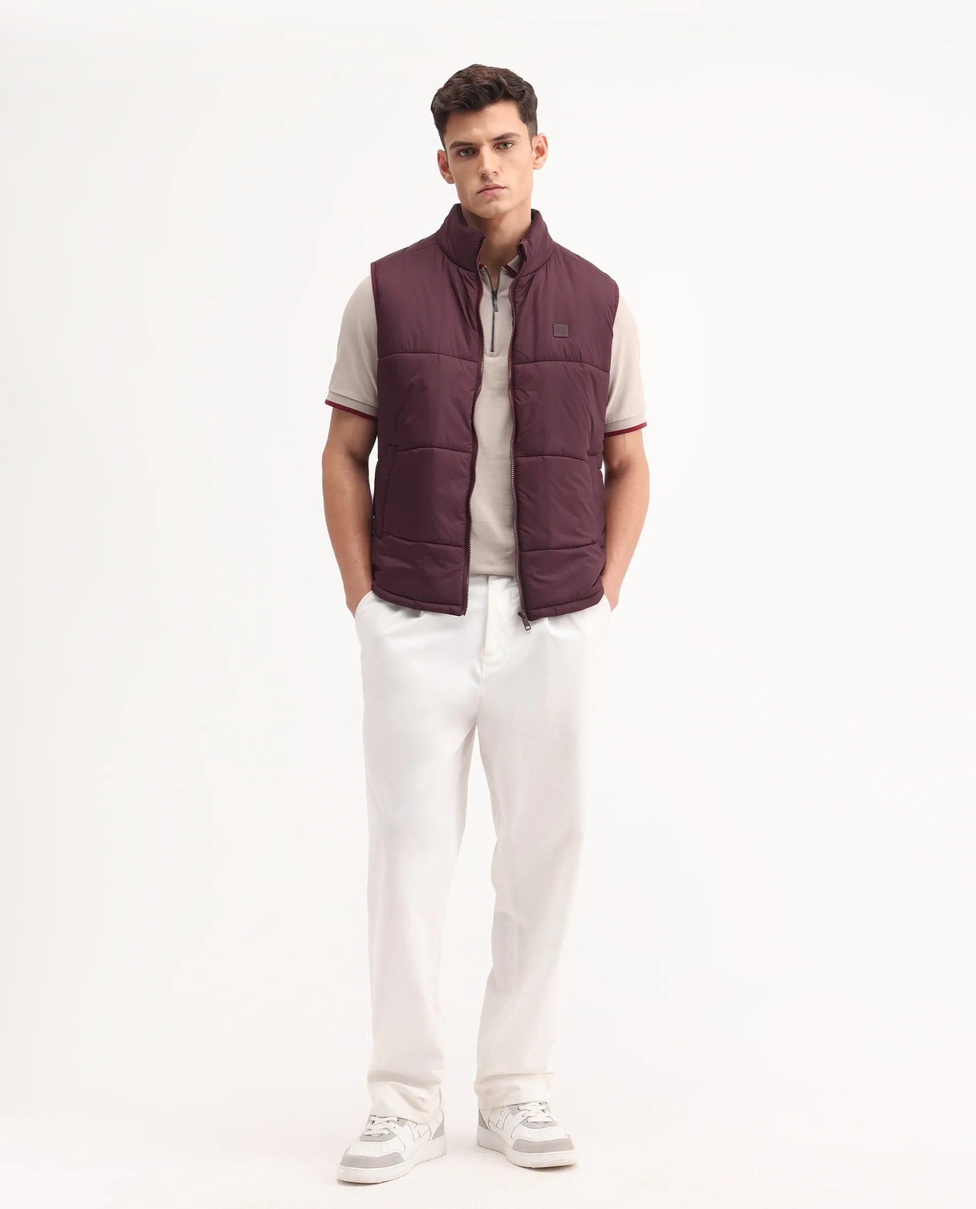 RARE Rabbit Men's Berry - 25 Maroon Polyester Plain Regular Fit Sleeveless High Neck Jacket