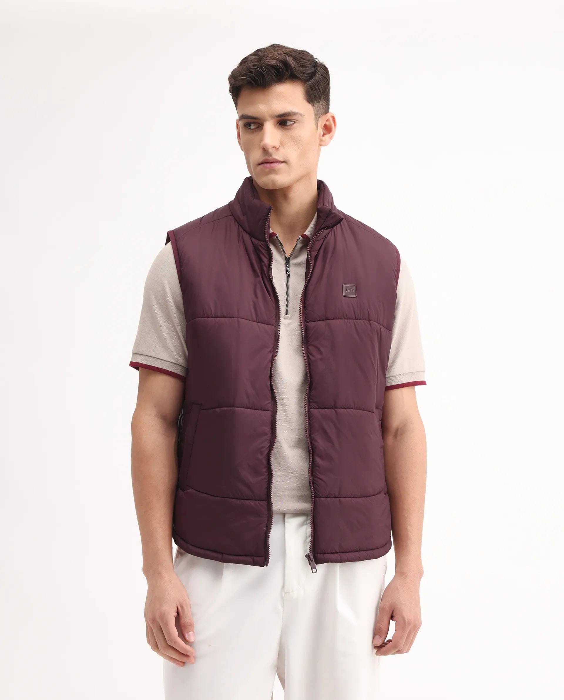 RARE Rabbit Men's Berry - 25 Maroon Polyester Plain Regular Fit Sleeveless High Neck Jacket