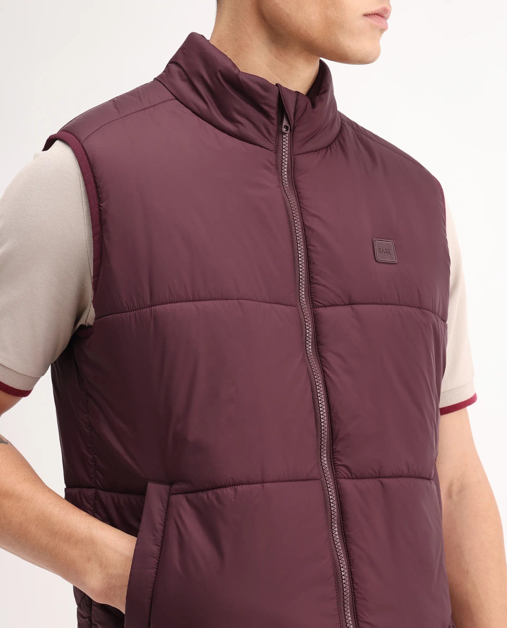 RARE Rabbit Men's Berry - 25 Maroon Polyester Plain Regular Fit Sleeveless High Neck Jacket