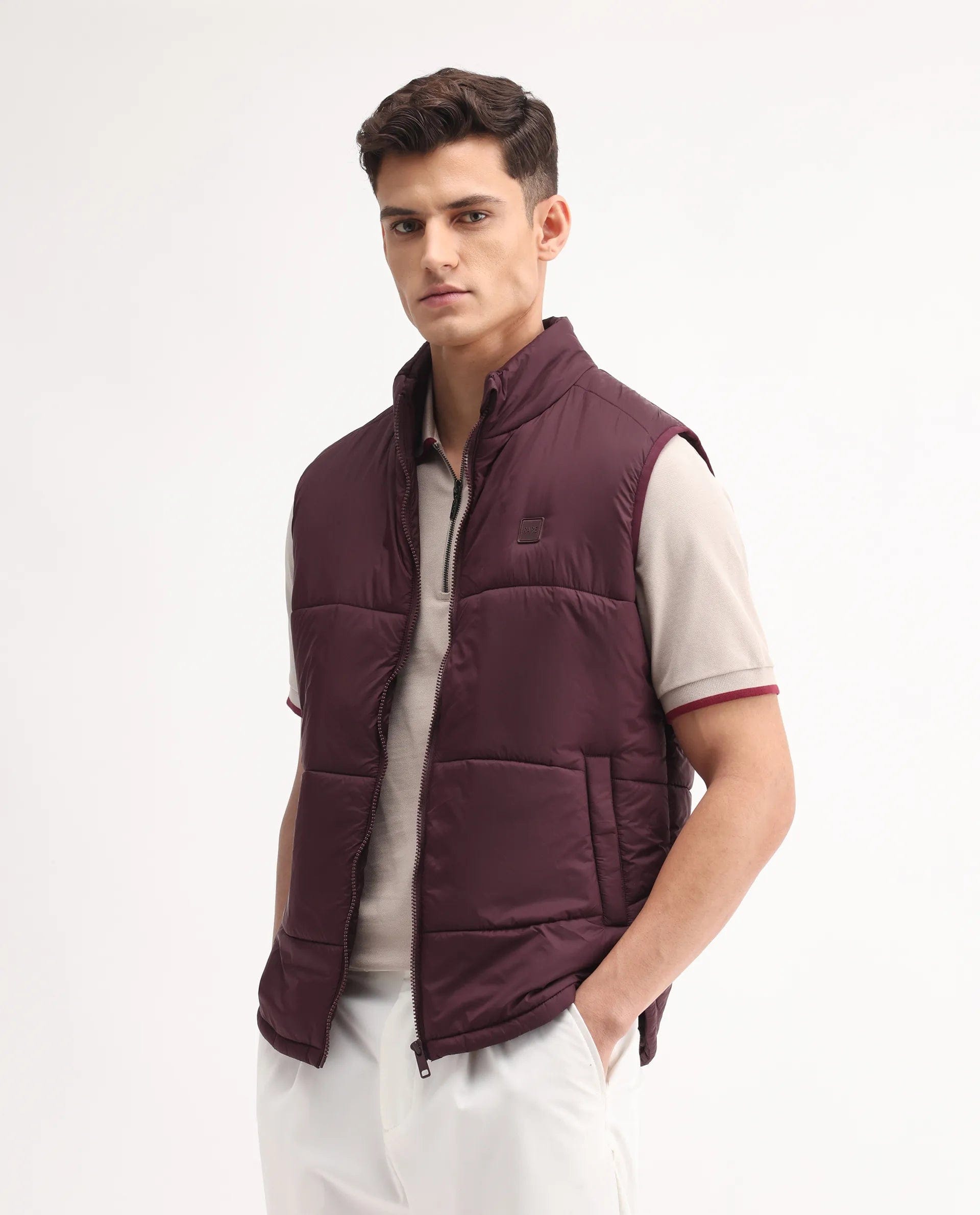 RARE Rabbit Men's Berry - 25 Maroon Polyester Plain Regular Fit Sleeveless High Neck Jacket