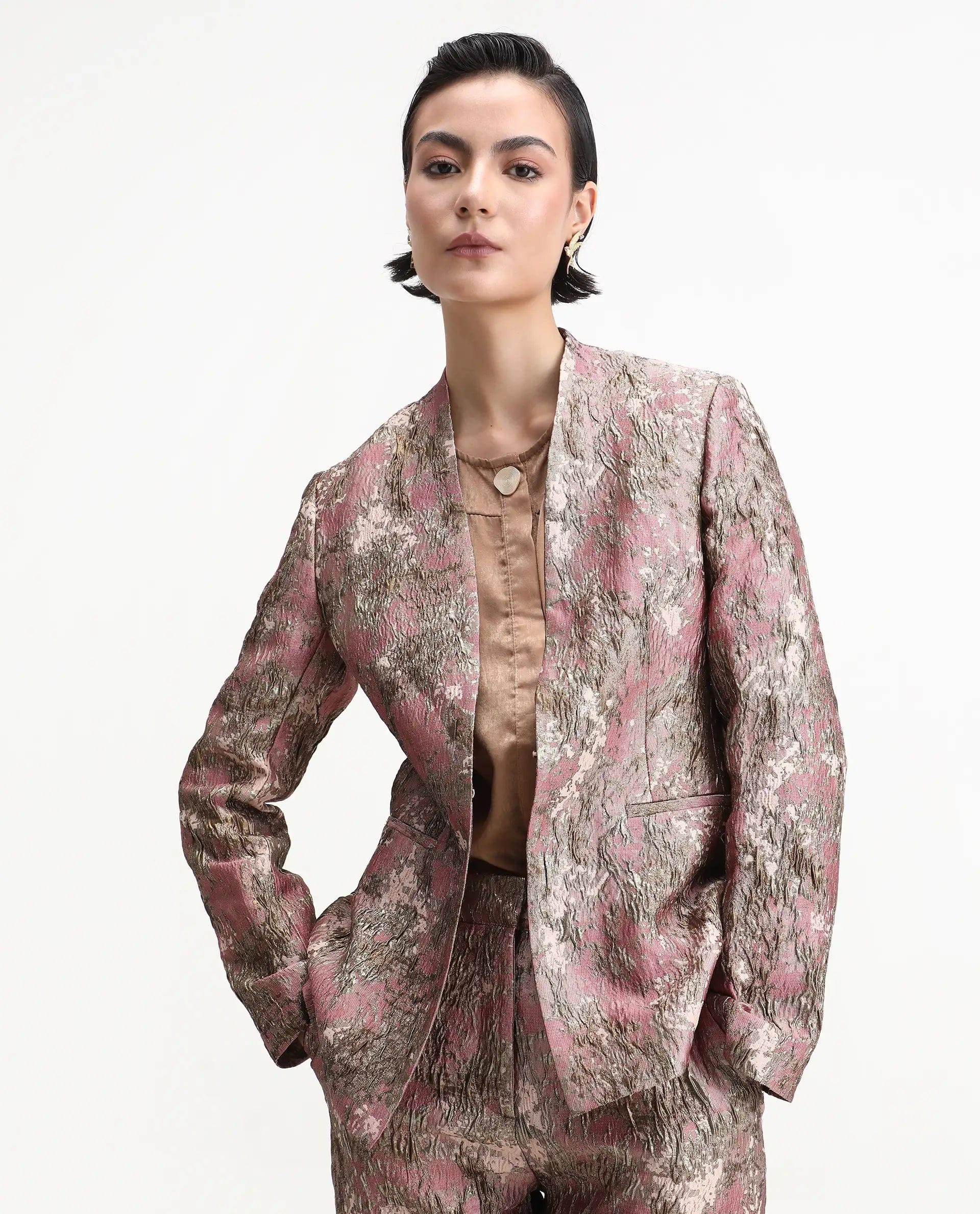 Rareism Women's Reshap - T Pink Polyester Blend Collarless Regular Fit Blazer