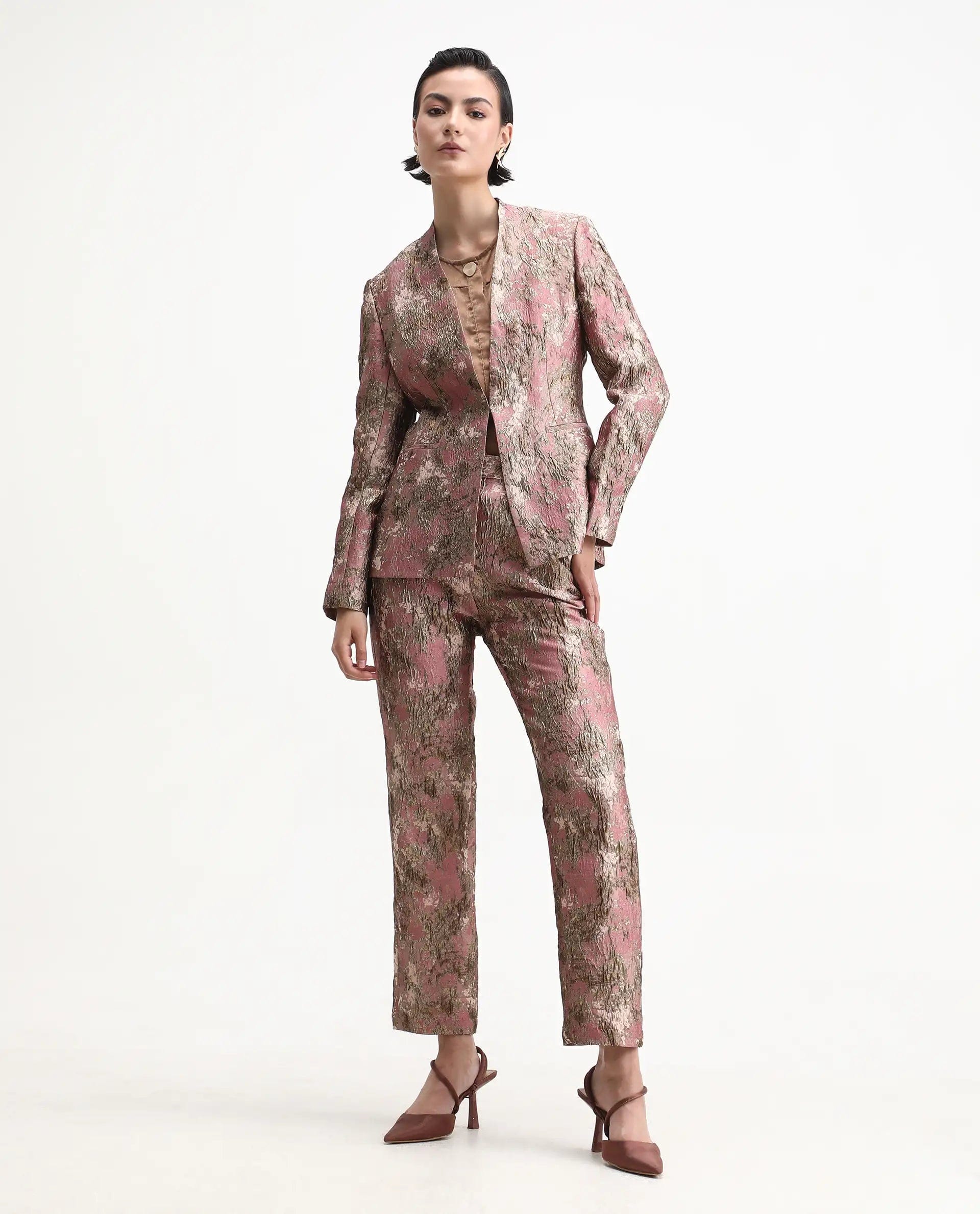 Rareism Women's Reshap - T Pink Polyester Blend Collarless Regular Fit Blazer