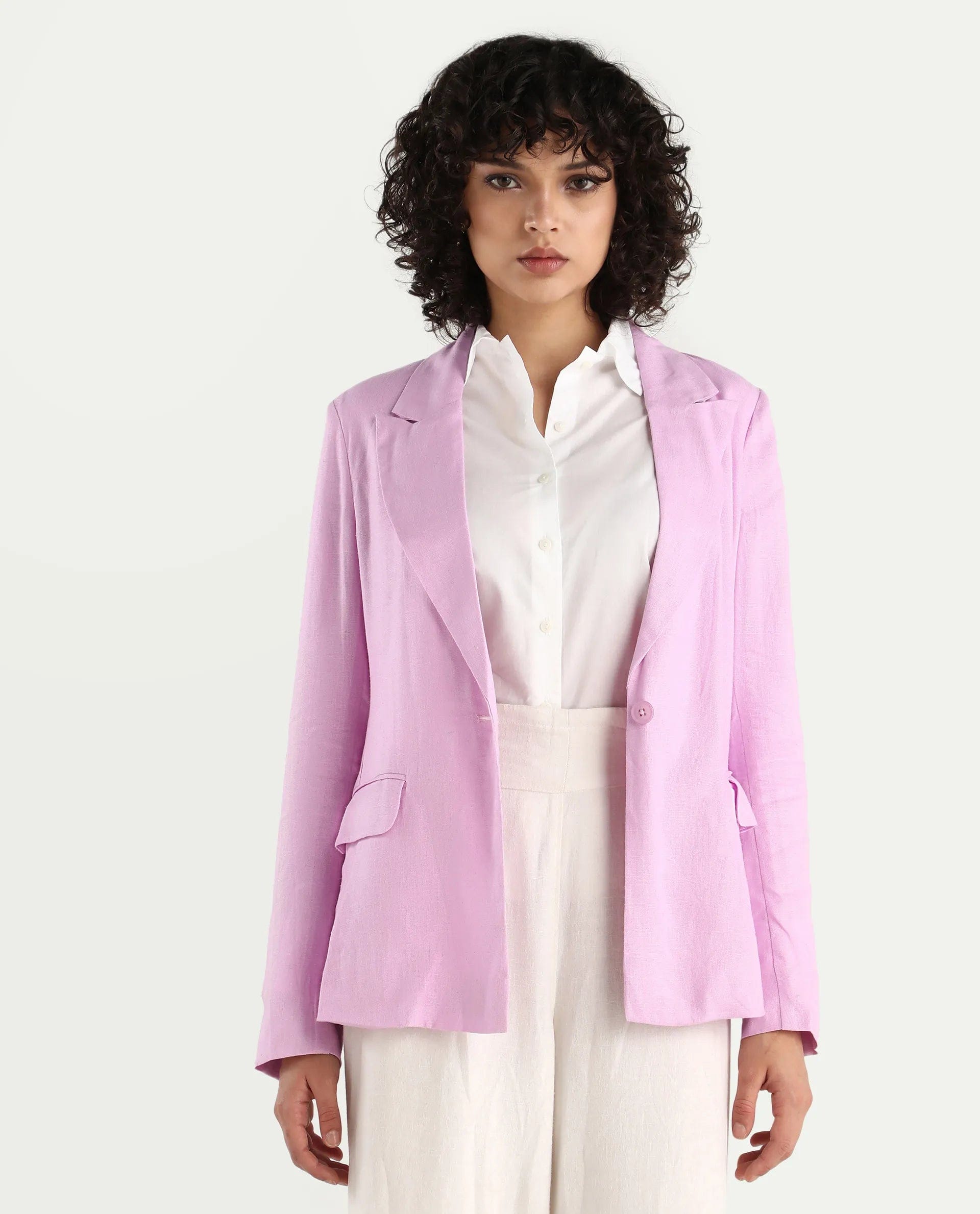 Rareism Women's Precy Pink Viscose Blend Lapel Neck Plain Regular Fit Blazer