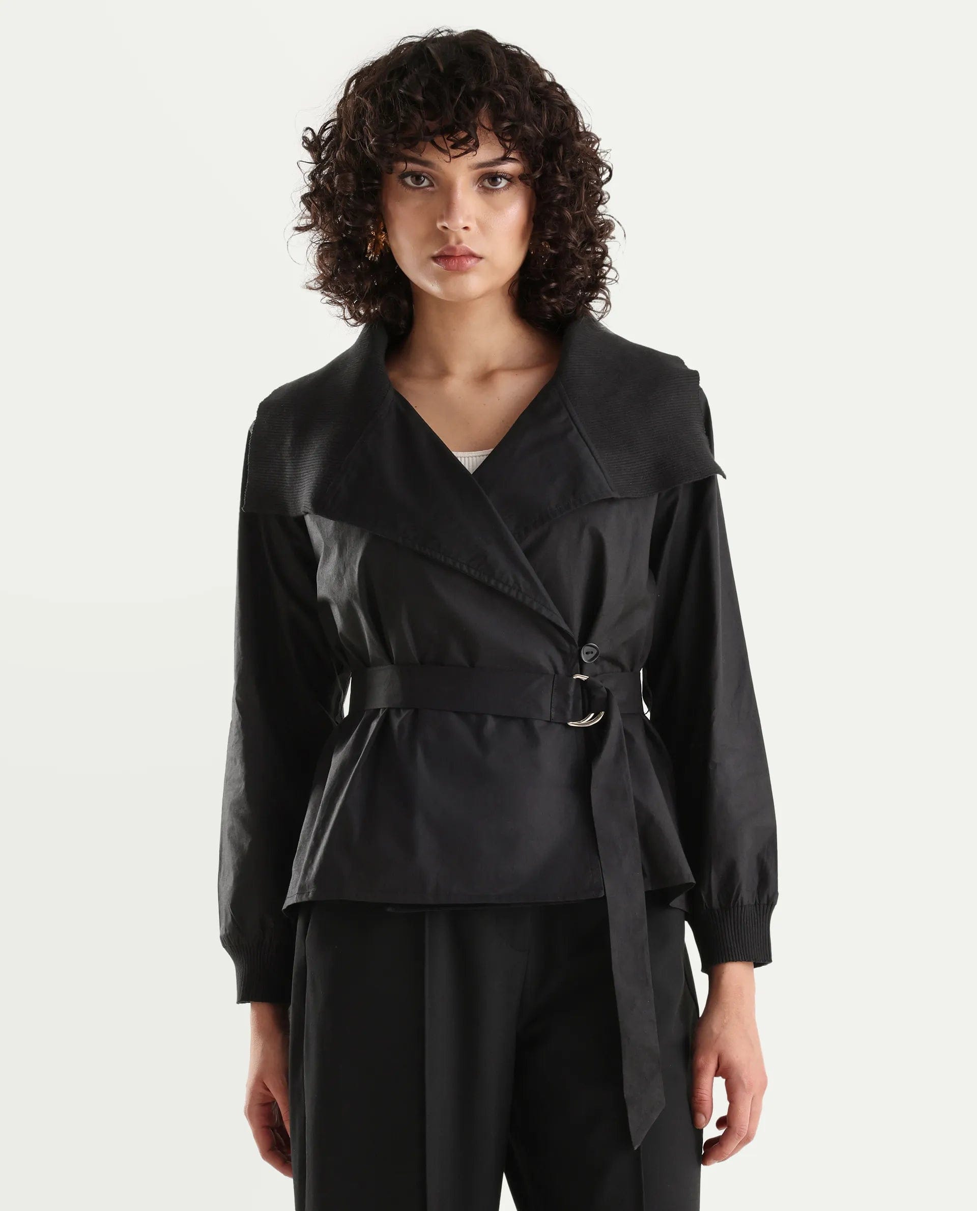 Rareism Women's Tokat Black Cotton Ribbed Collar Plain Ribbed Sleeve Boxy Fit Jacket