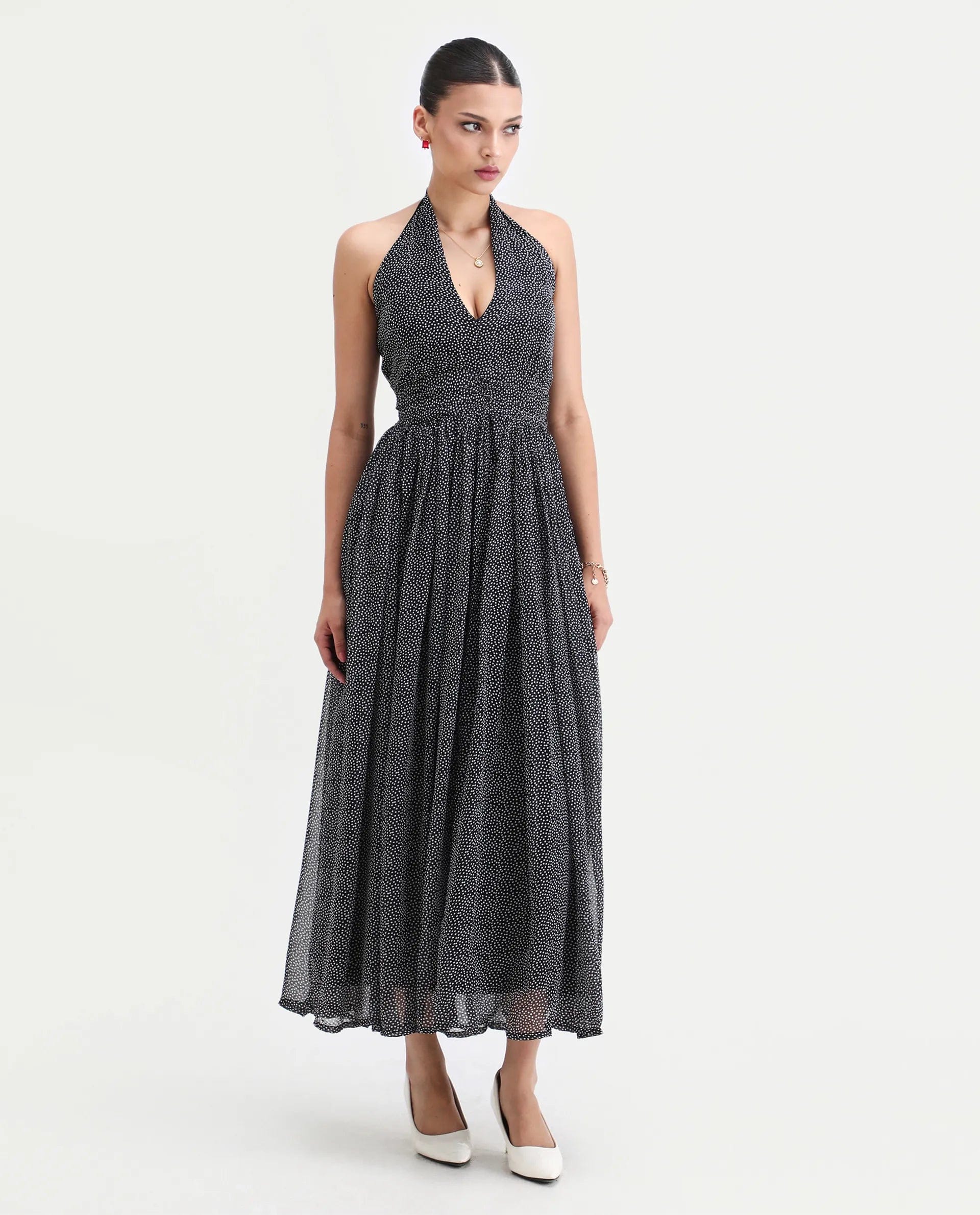Rareism Women's Janert Black Viscose Halter Neck Polka Print Sleeveless Maxi Fit And Flare Dress