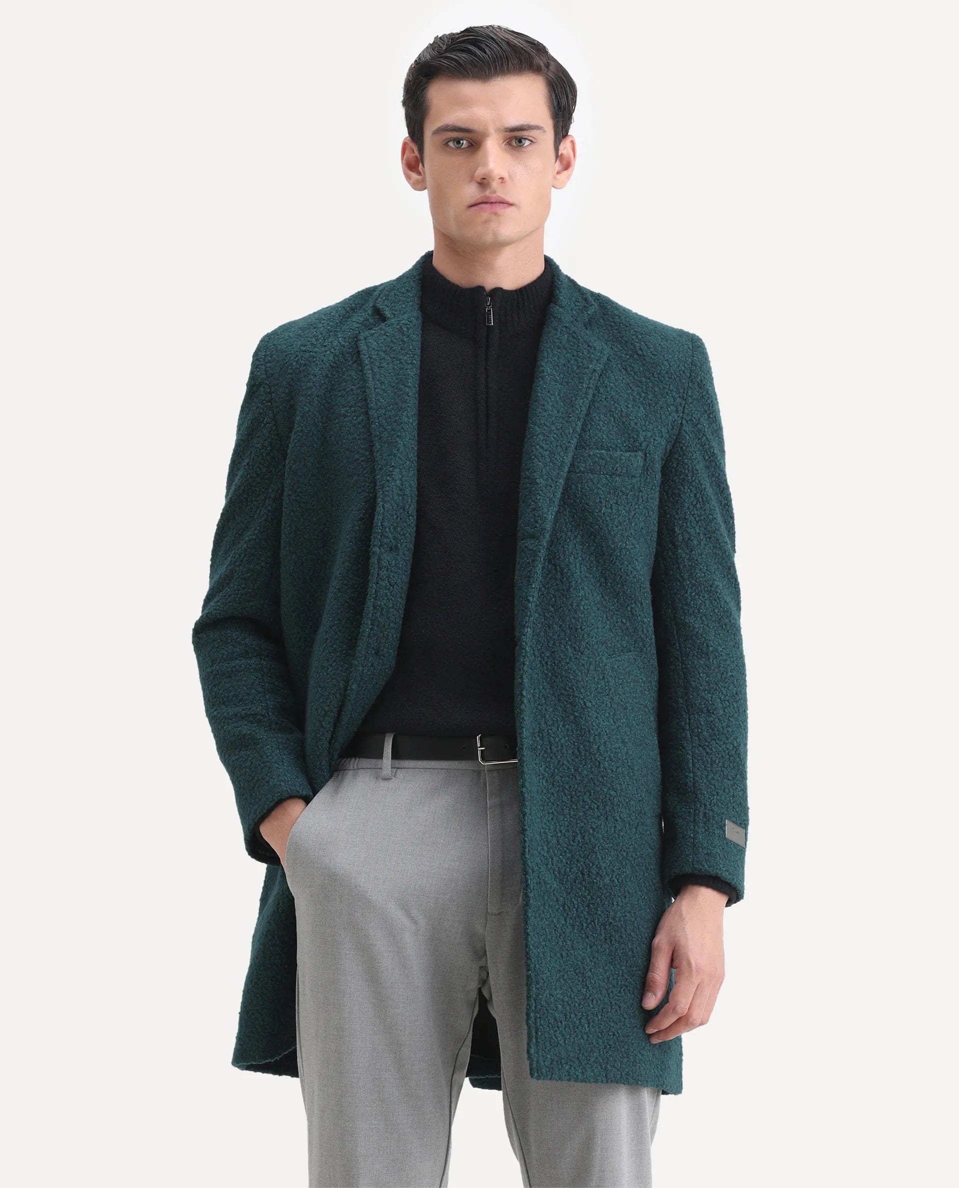 RARE Rabbit Men's Hong Green Polyester Textured Tailored Fit Full Sleeve Lapel Neck Coat