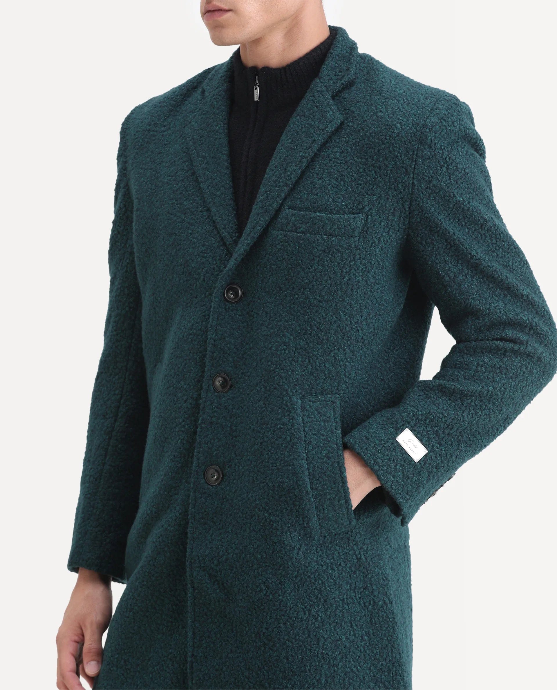 RARE Rabbit Men's Hong Green Polyester Textured Tailored Fit Full Sleeve Lapel Neck Coat