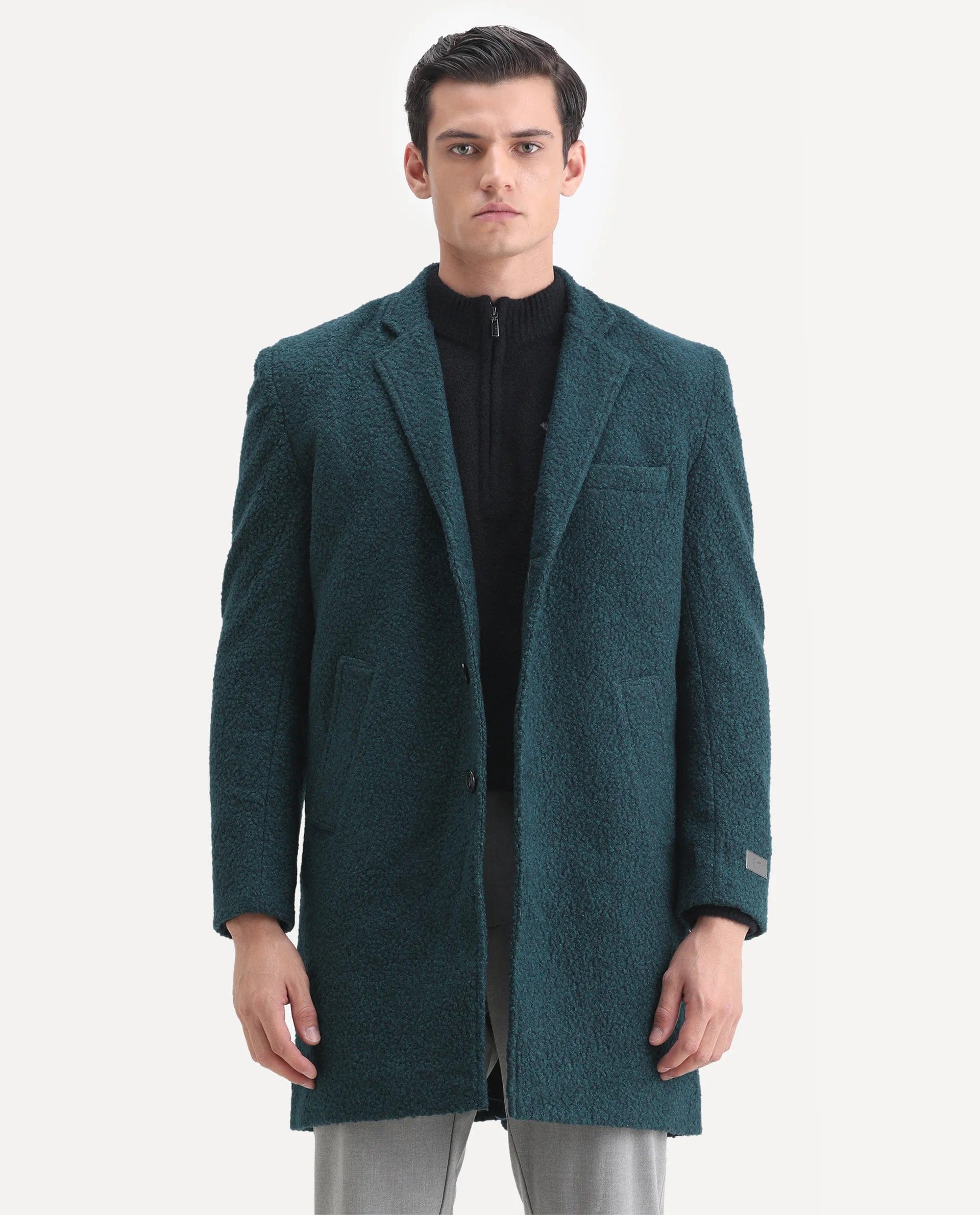 RARE Rabbit Men's Hong Green Polyester Textured Tailored Fit Full Sleeve Lapel Neck Coat