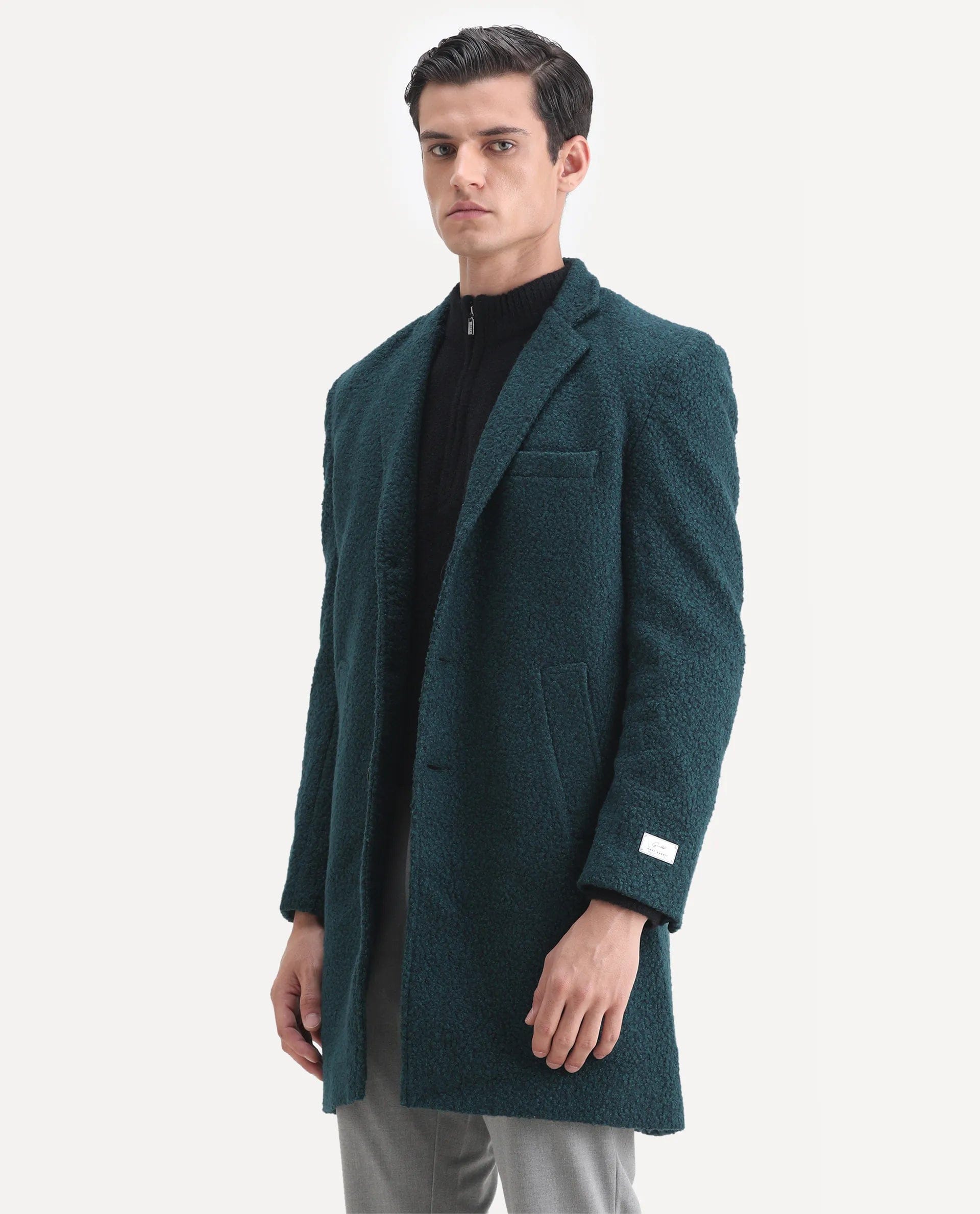 RARE Rabbit Men's Hong Green Polyester Textured Tailored Fit Full Sleeve Lapel Neck Coat
