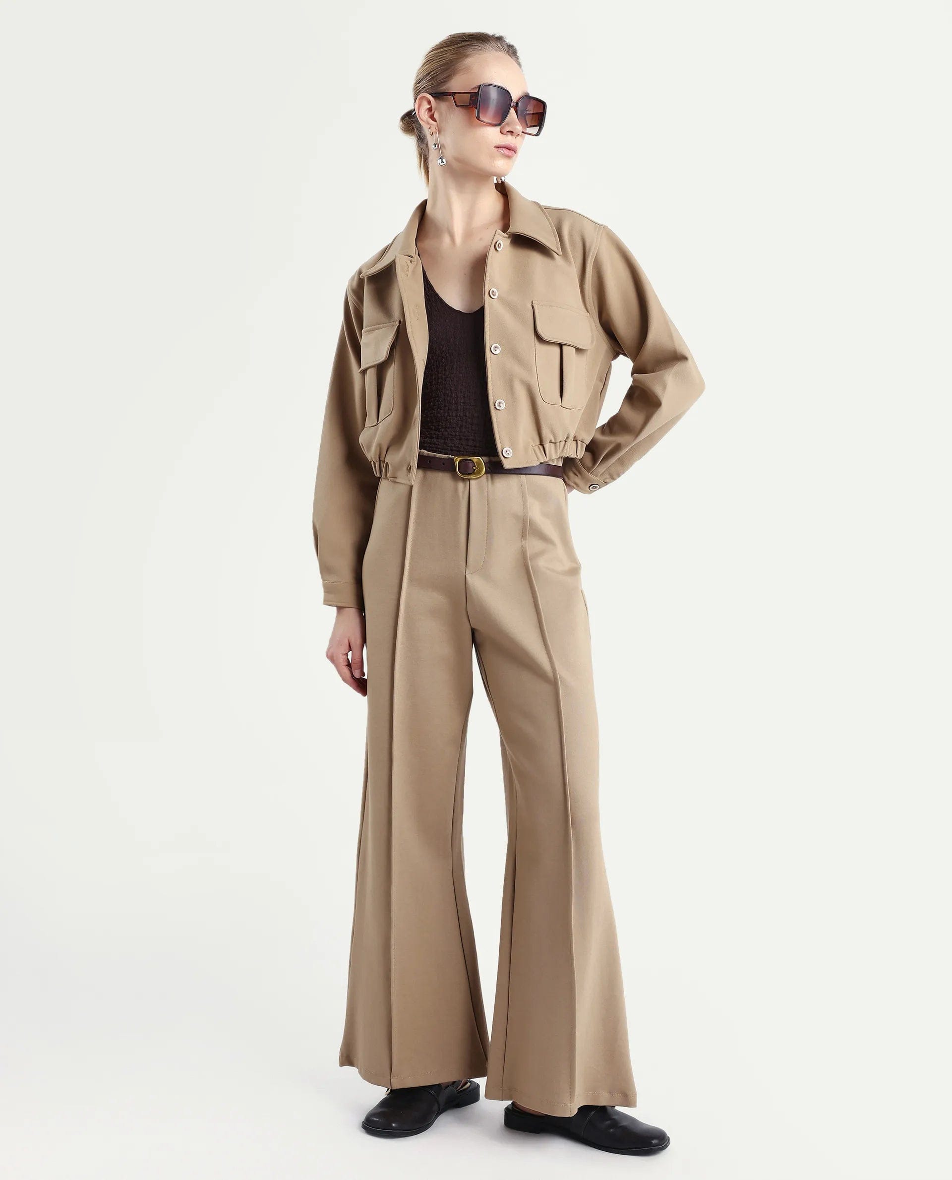 Rareism Women's Hobart Beige Spread Collar Plain Cuffed Sleeve Crop Regular Fit Jacket
