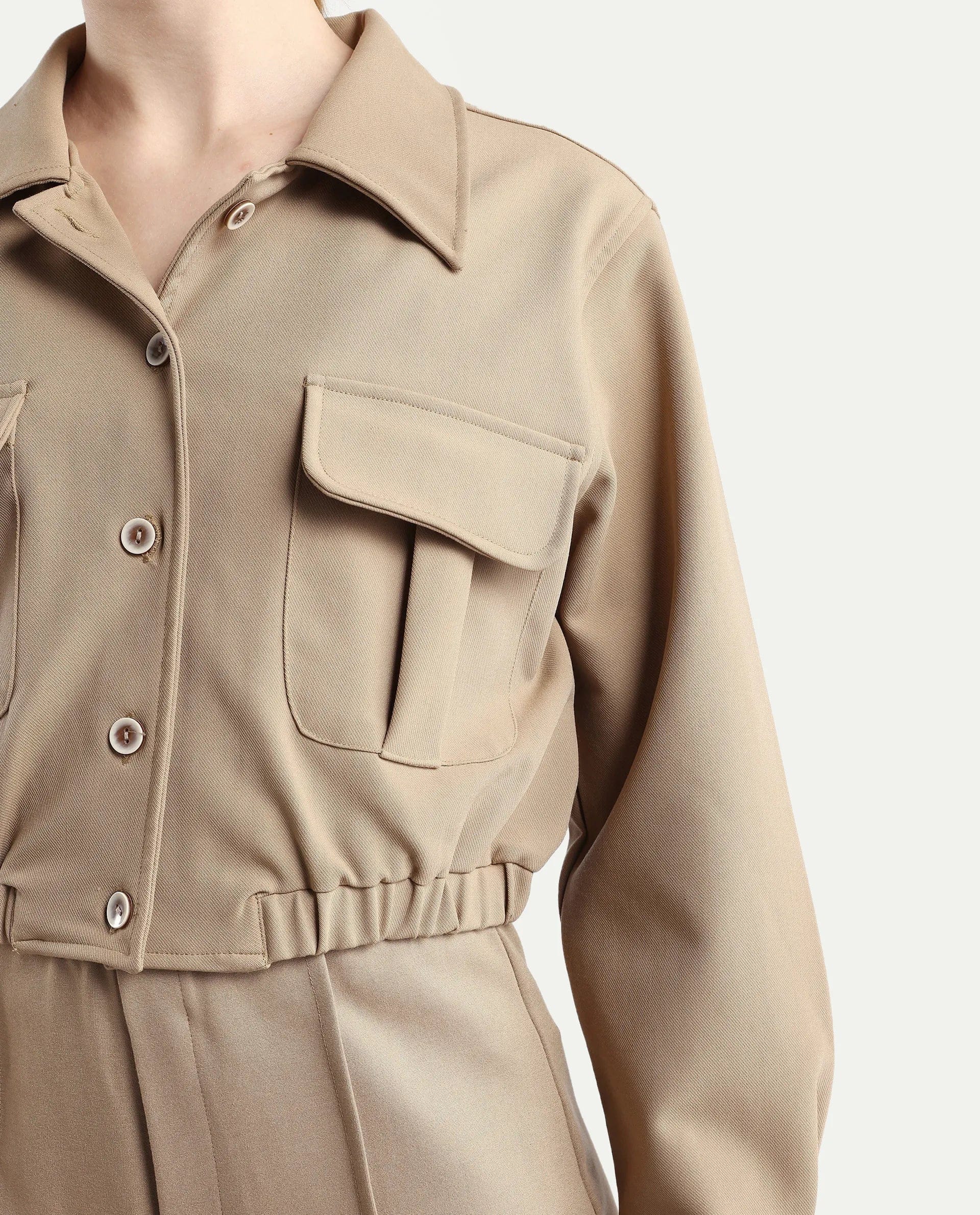 Rareism Women's Hobart Beige Spread Collar Plain Cuffed Sleeve Crop Regular Fit Jacket