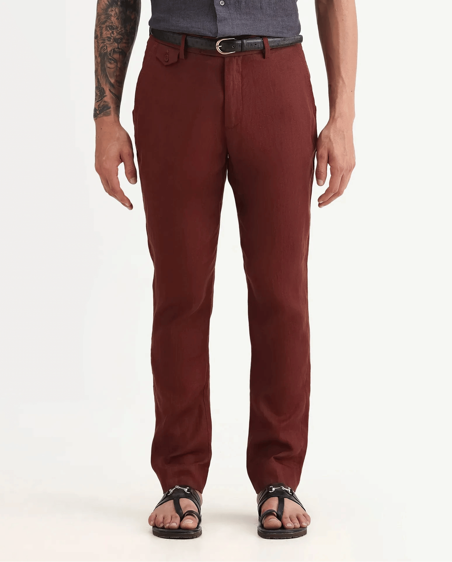 RARE Rabbit Men's Arcelo - 2 Rust 100% Linen Plain Regular Fit Trouser