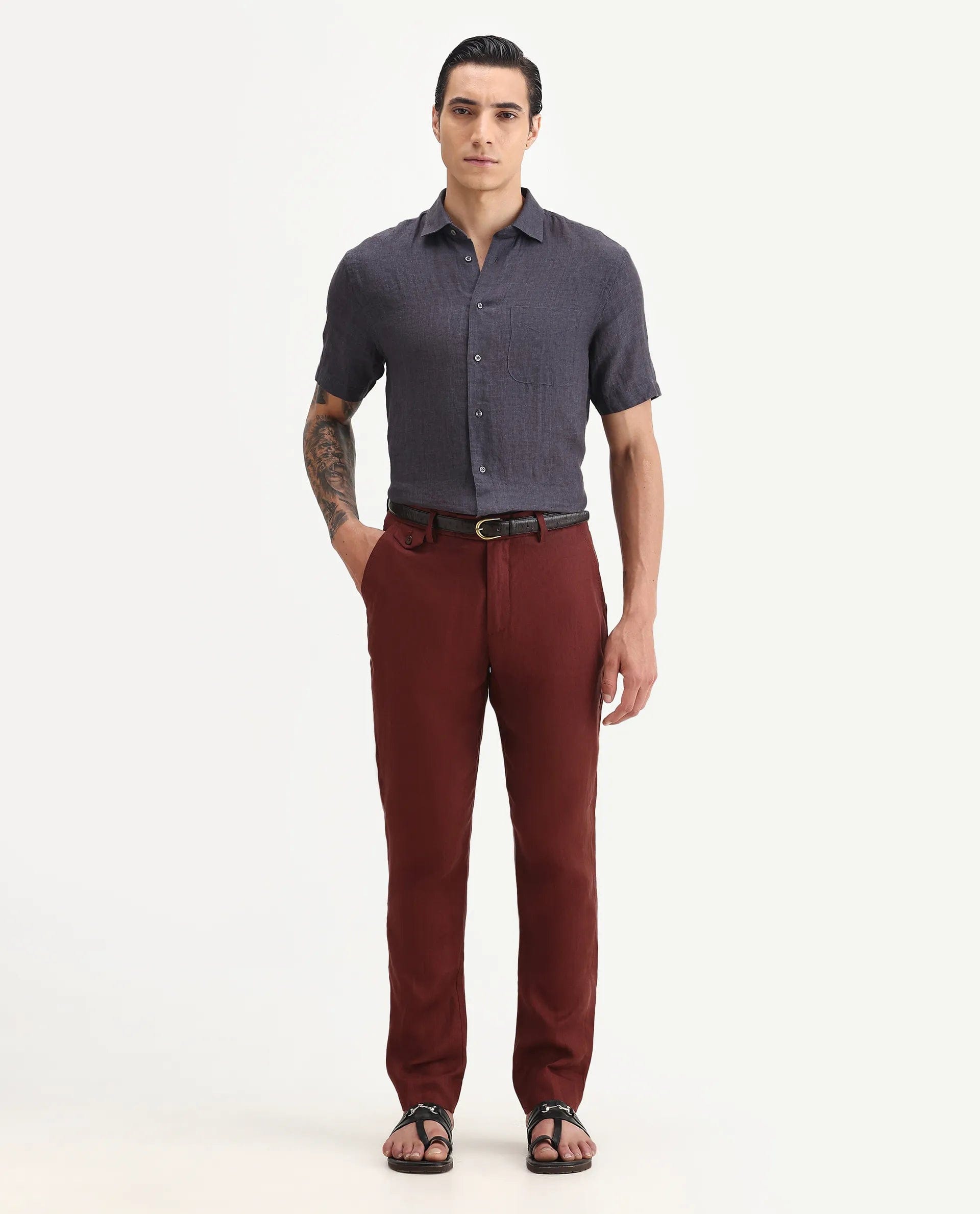 RARE Rabbit Men's Arcelo - 2 Rust 100% Linen Plain Regular Fit Trouser