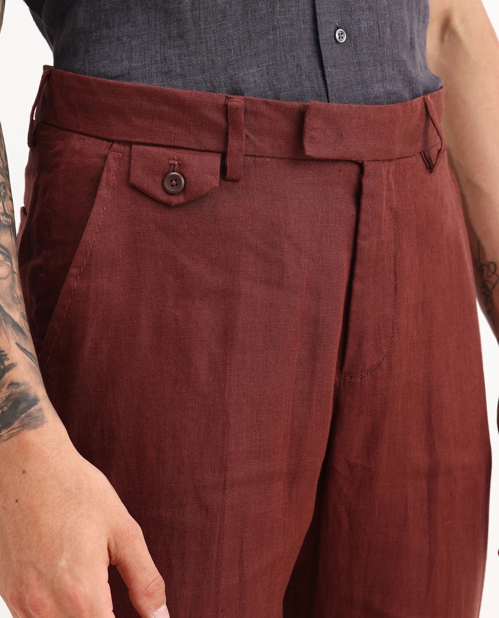 RARE Rabbit Men's Arcelo - 2 Rust 100% Linen Plain Regular Fit Trouser