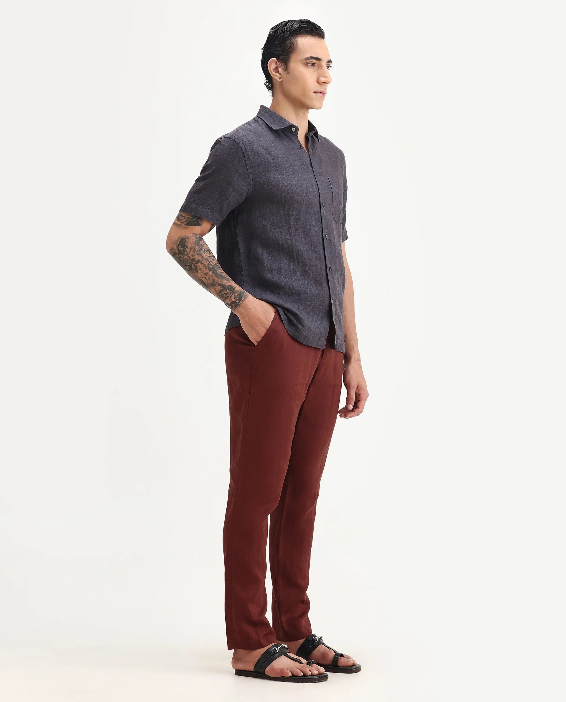 RARE Rabbit Men's Arcelo - 2 Rust 100% Linen Plain Regular Fit Trouser