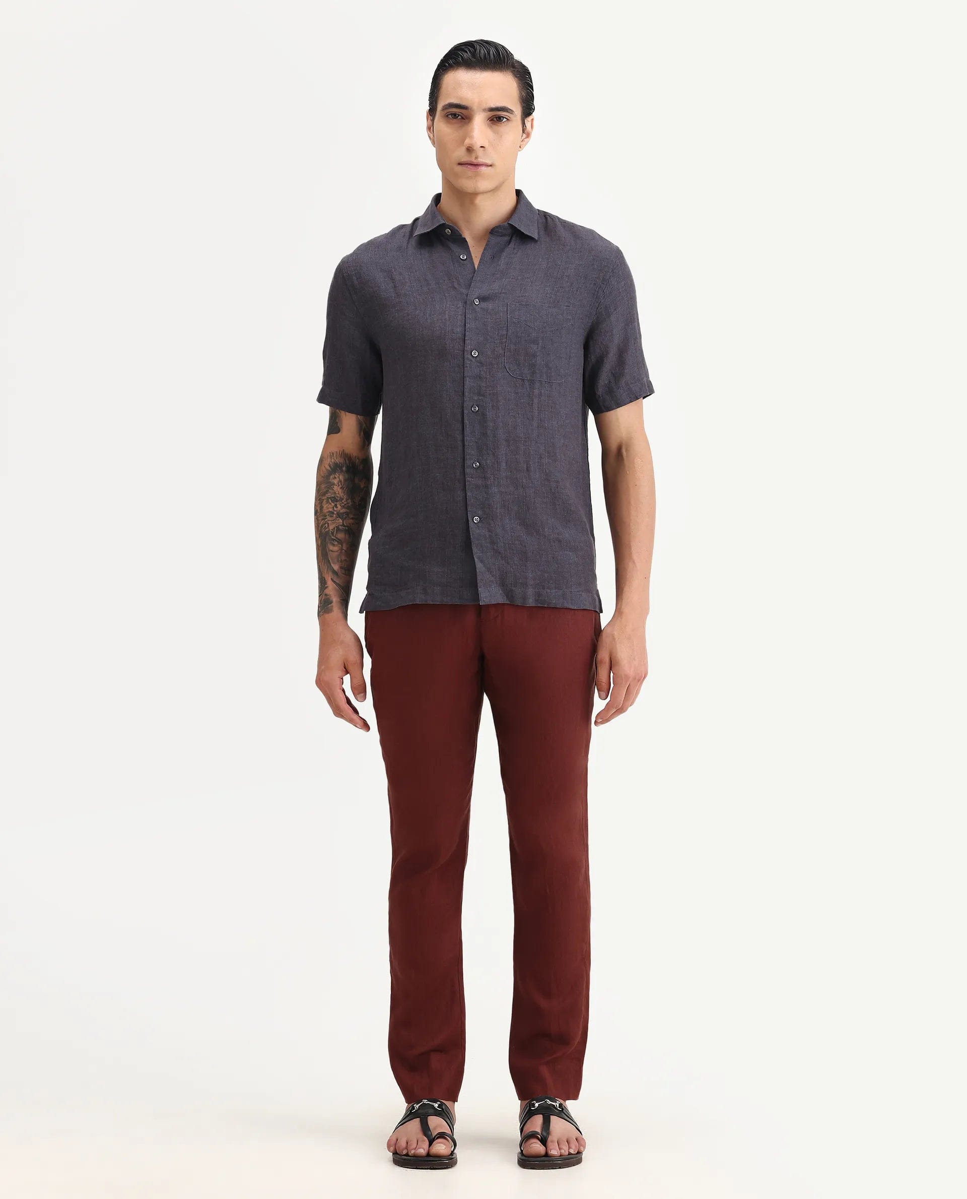 RARE Rabbit Men's Arcelo - 2 Rust 100% Linen Plain Regular Fit Trouser