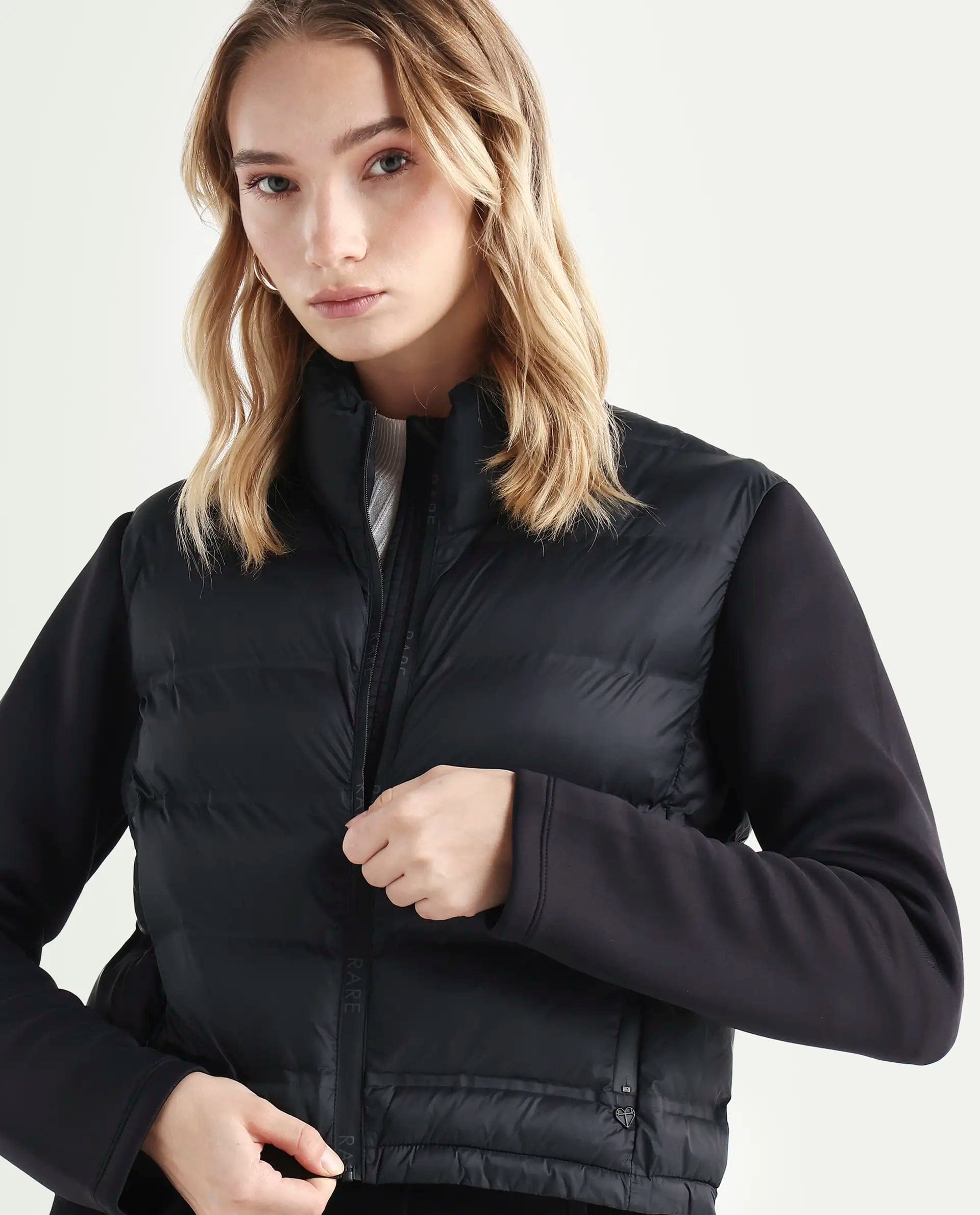 Rareism Women's Zarcro Black Nylon Stand Collar Plain Regular Fit Jacket