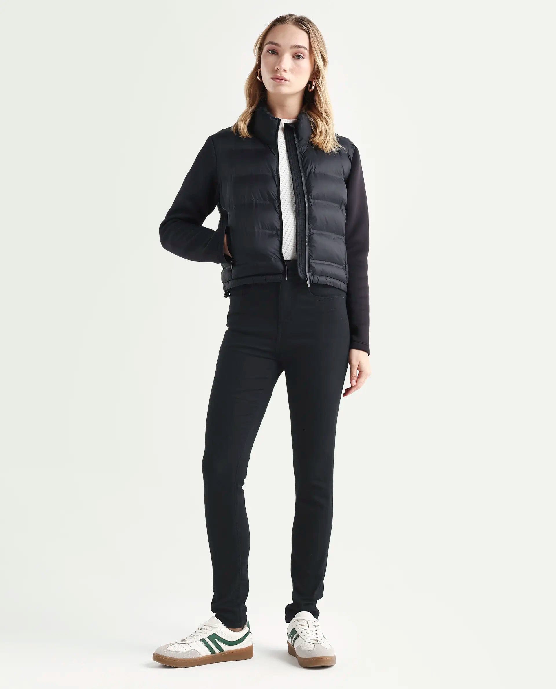 Rareism Women's Zarcro Black Nylon Stand Collar Plain Regular Fit Jacket