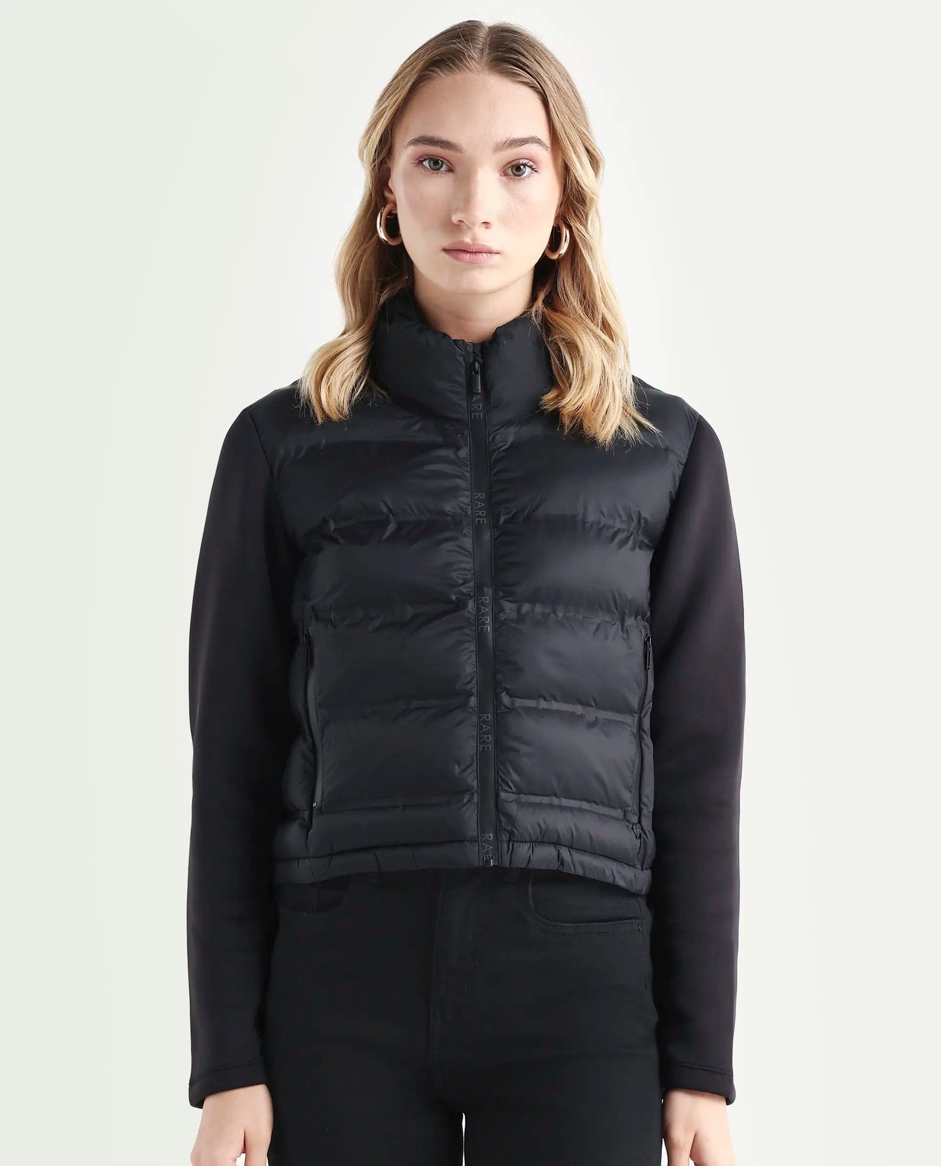 Rareism Women's Zarcro Black Nylon Stand Collar Plain Regular Fit Jacket