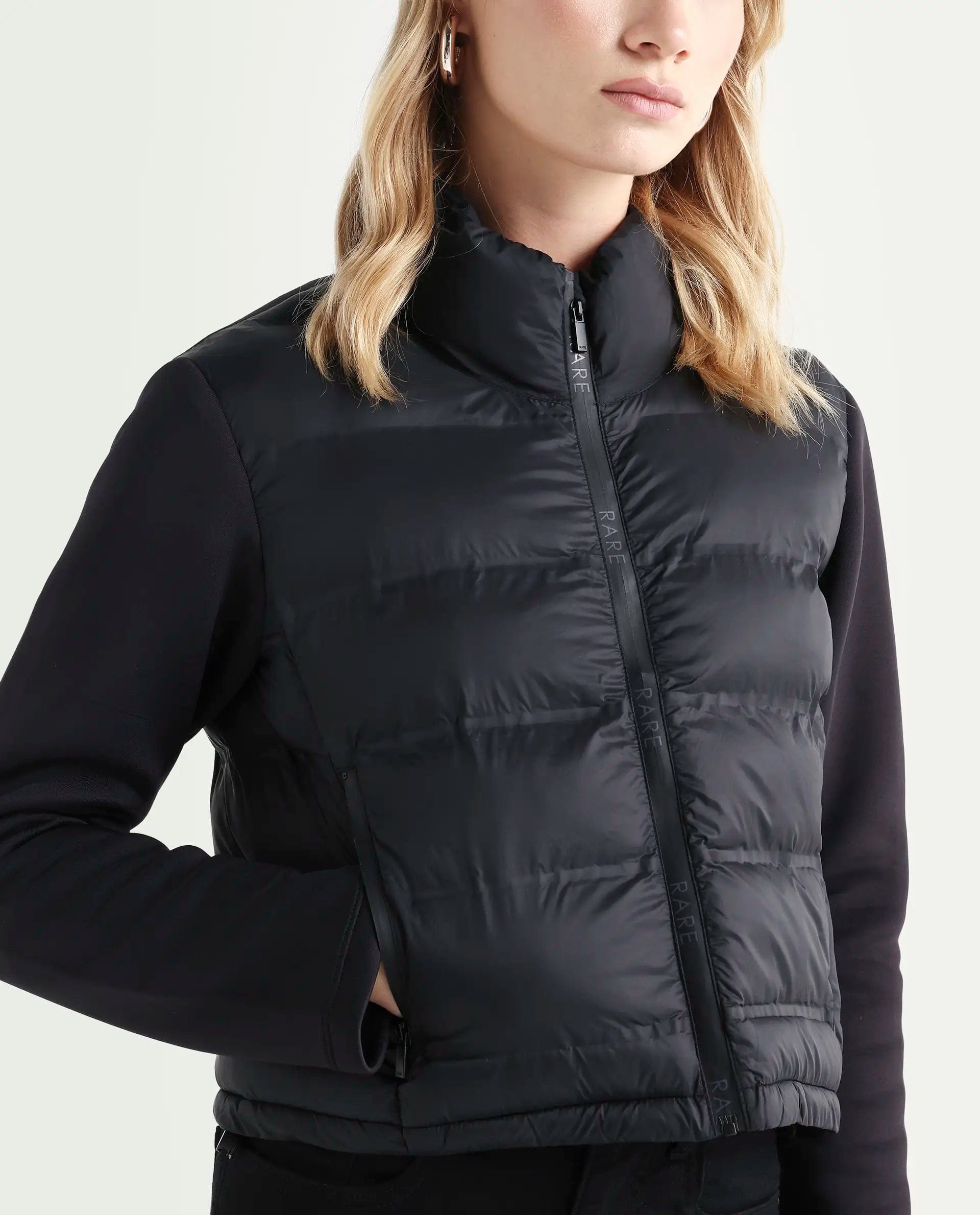 Rareism Women's Zarcro Black Nylon Stand Collar Plain Regular Fit Jacket