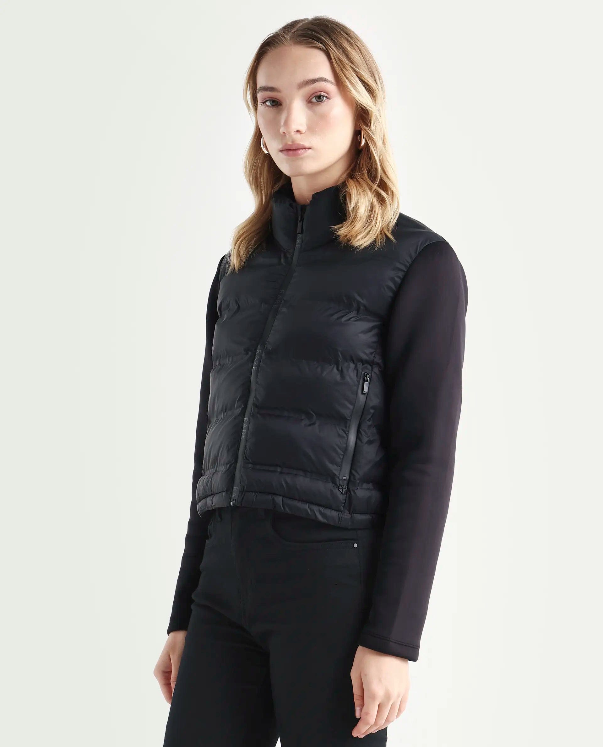Rareism Women's Zarcro Black Nylon Stand Collar Plain Regular Fit Jacket