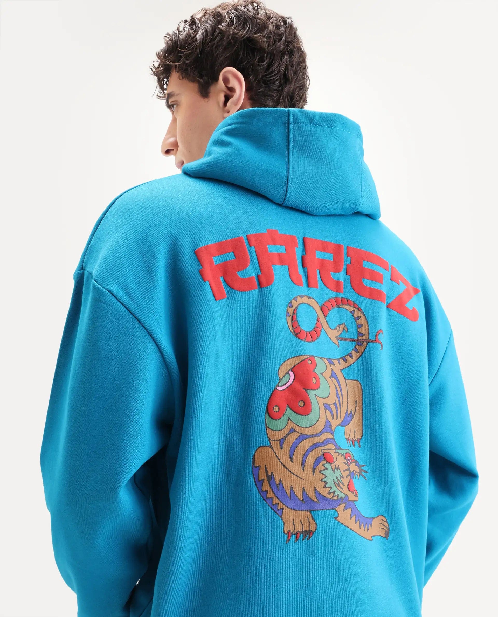 RARE Rabbit Men's Dary Flouroscent Blue Cotton Puff Print Boxy Fit Full Sleeve Hooded Sweatshirt