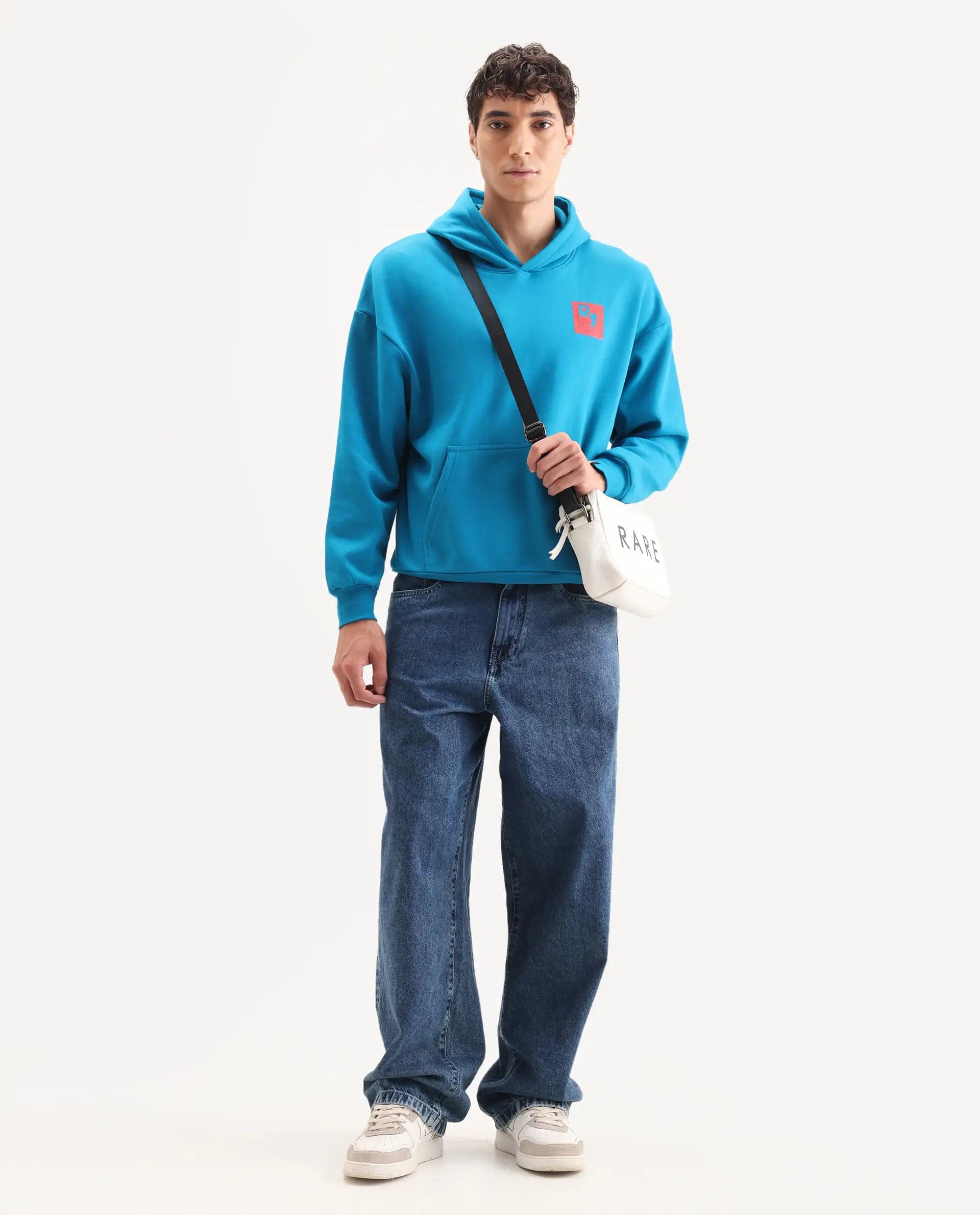 RARE Rabbit Men's Dary Flouroscent Blue Cotton Puff Print Boxy Fit Full Sleeve Hooded Sweatshirt