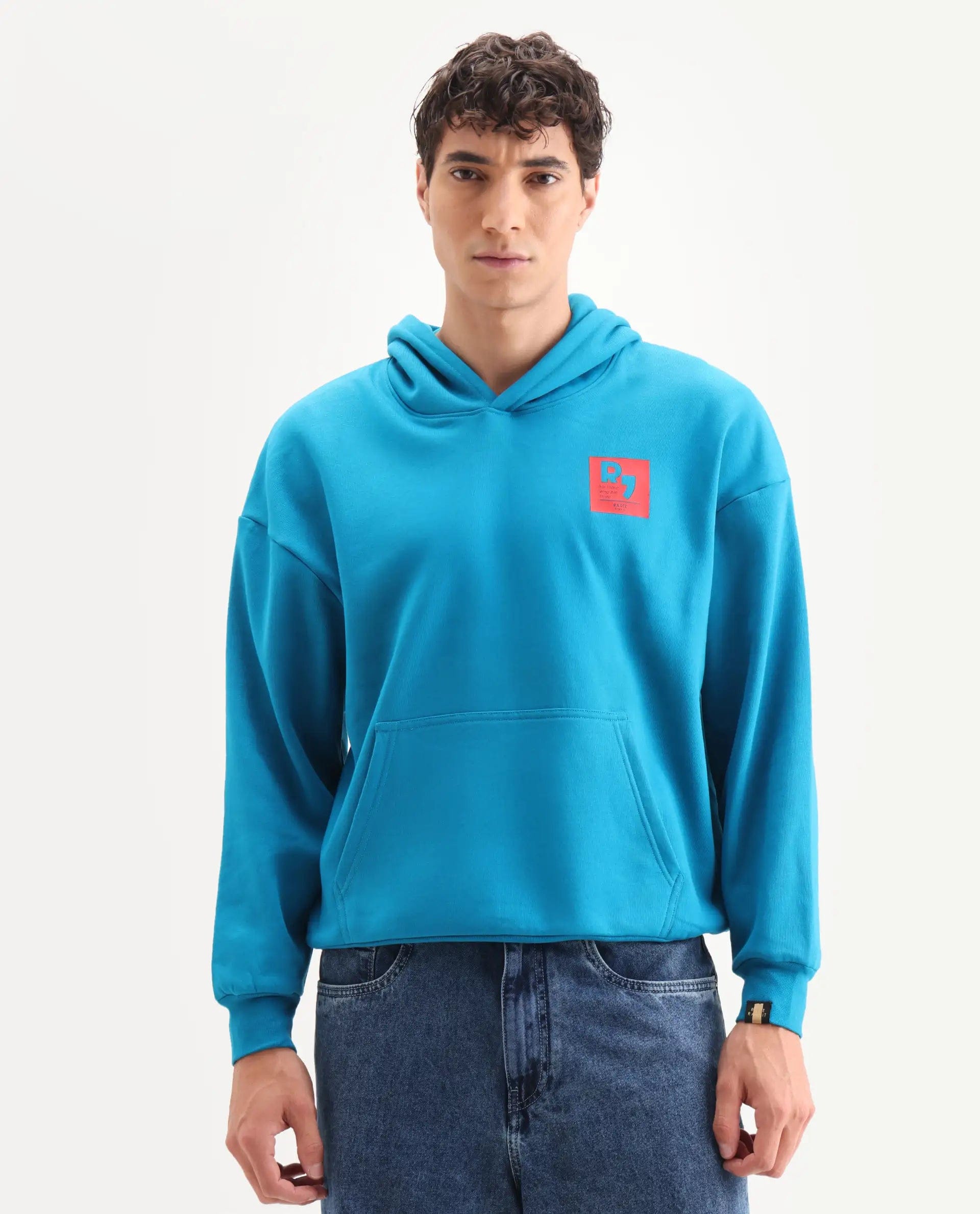 RARE Rabbit Men's Dary Flouroscent Blue Cotton Puff Print Boxy Fit Full Sleeve Hooded Sweatshirt