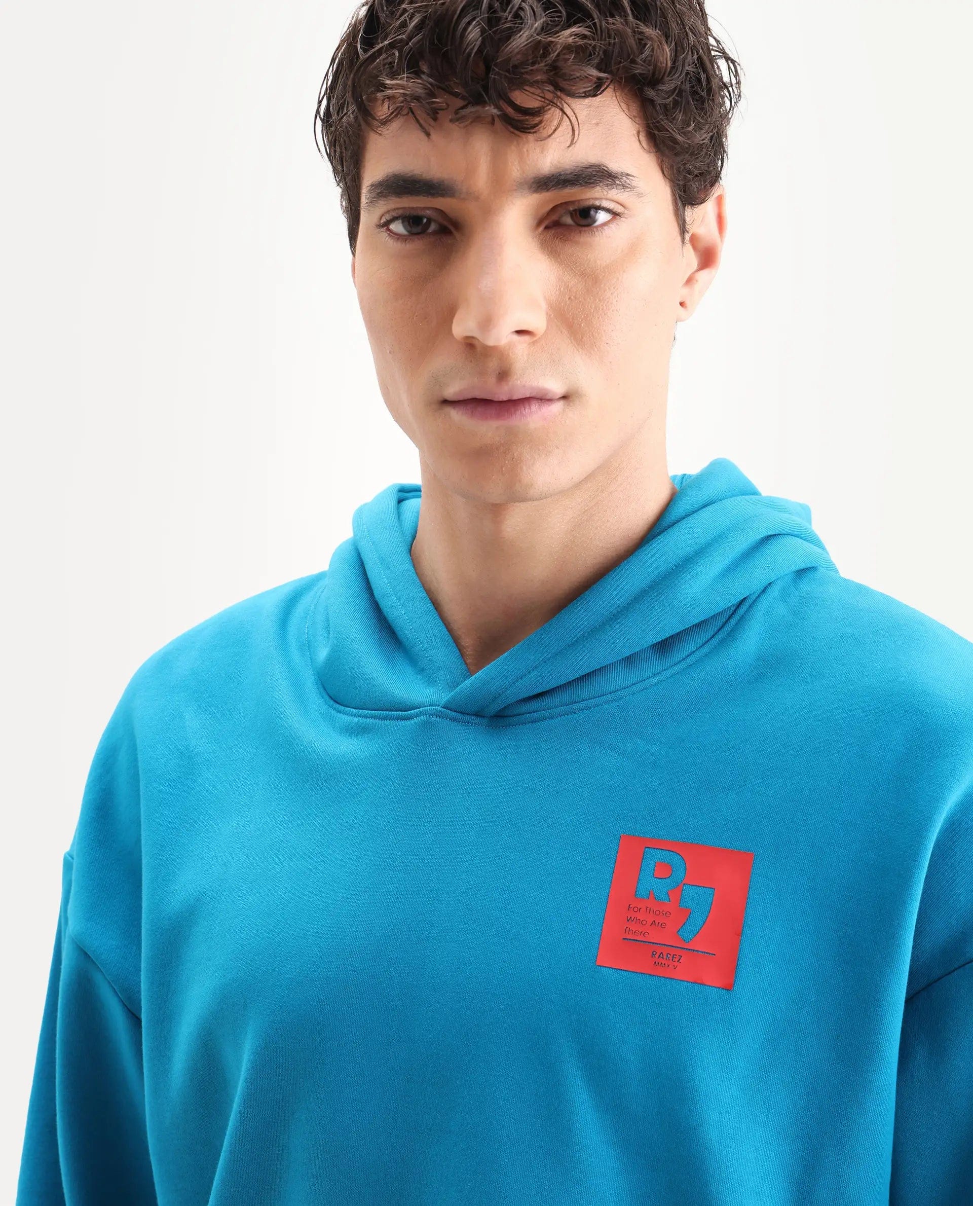 RARE Rabbit Men's Dary Flouroscent Blue Cotton Puff Print Boxy Fit Full Sleeve Hooded Sweatshirt