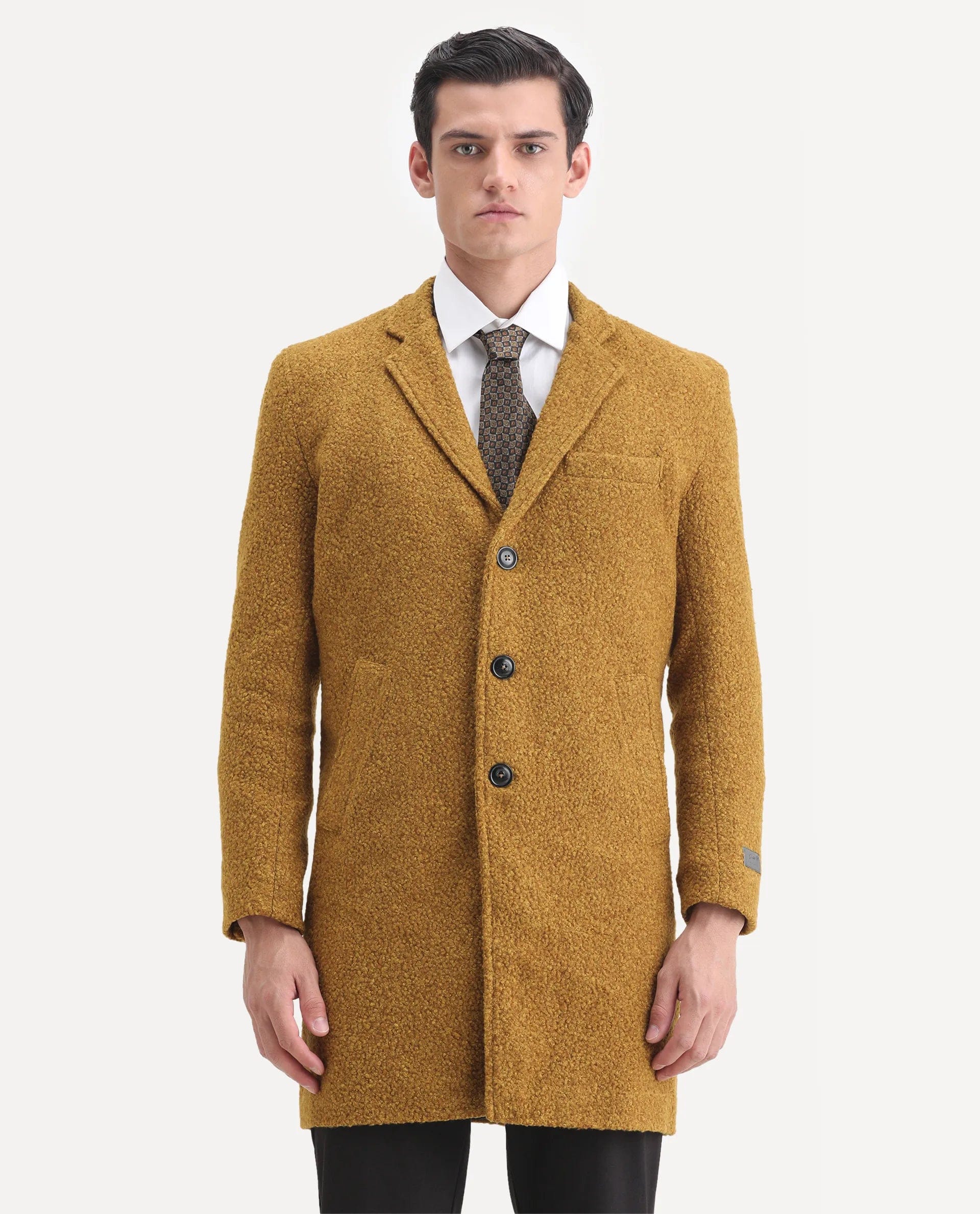 RARE Rabbit Men's Hong Yellow Polyester Textured Tailored Fit Full Sleeve Lapel Neck Coat