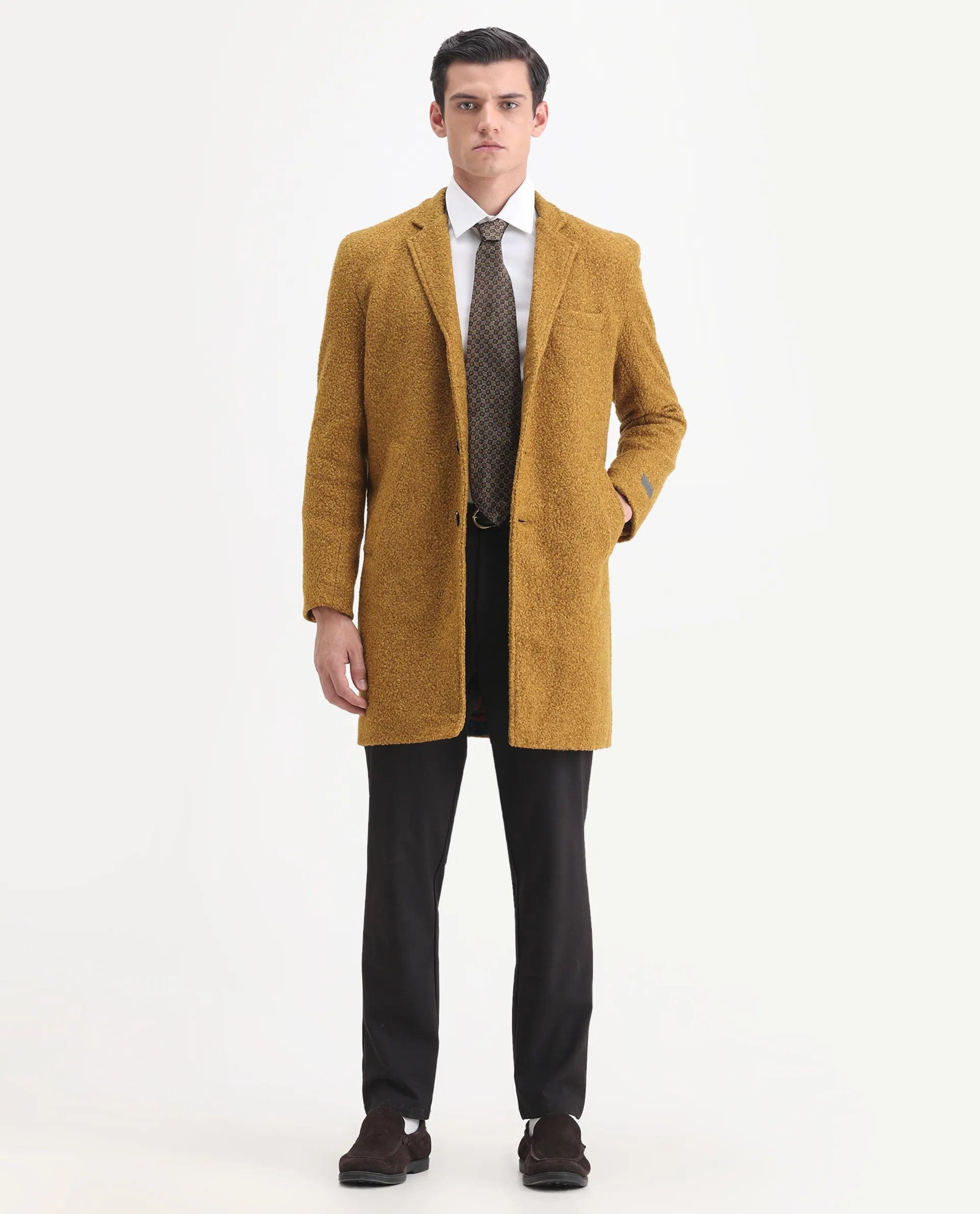 RARE Rabbit Men's Hong Yellow Polyester Textured Tailored Fit Full Sleeve Lapel Neck Coat
