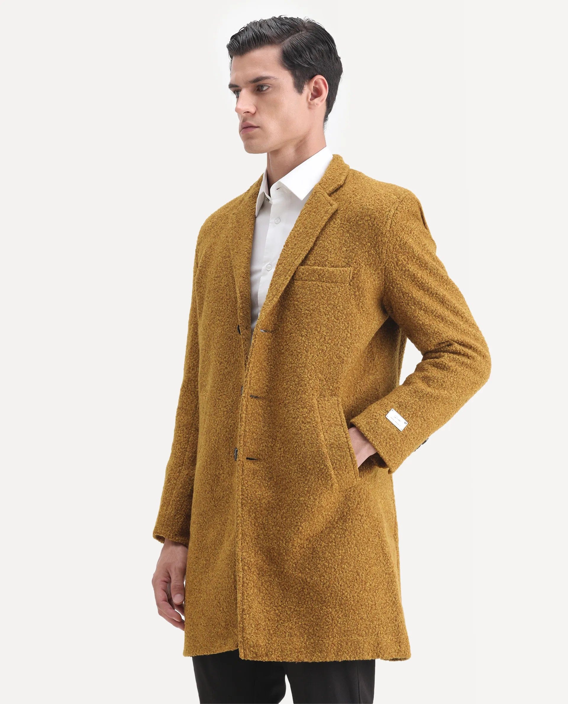 RARE Rabbit Men's Hong Yellow Polyester Textured Tailored Fit Full Sleeve Lapel Neck Coat