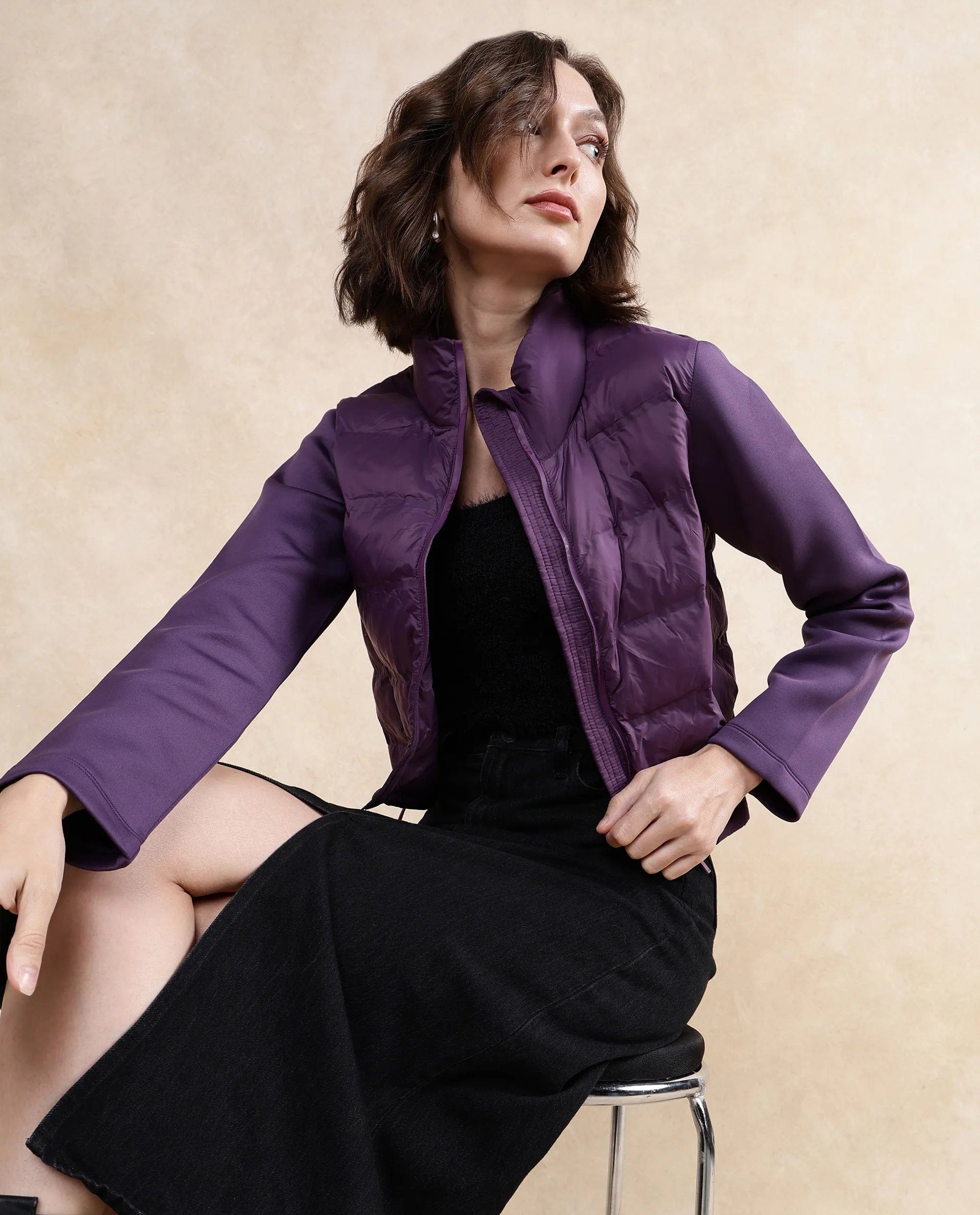 Rareism Women's Stand Collar Plain Regular Fit Jacket