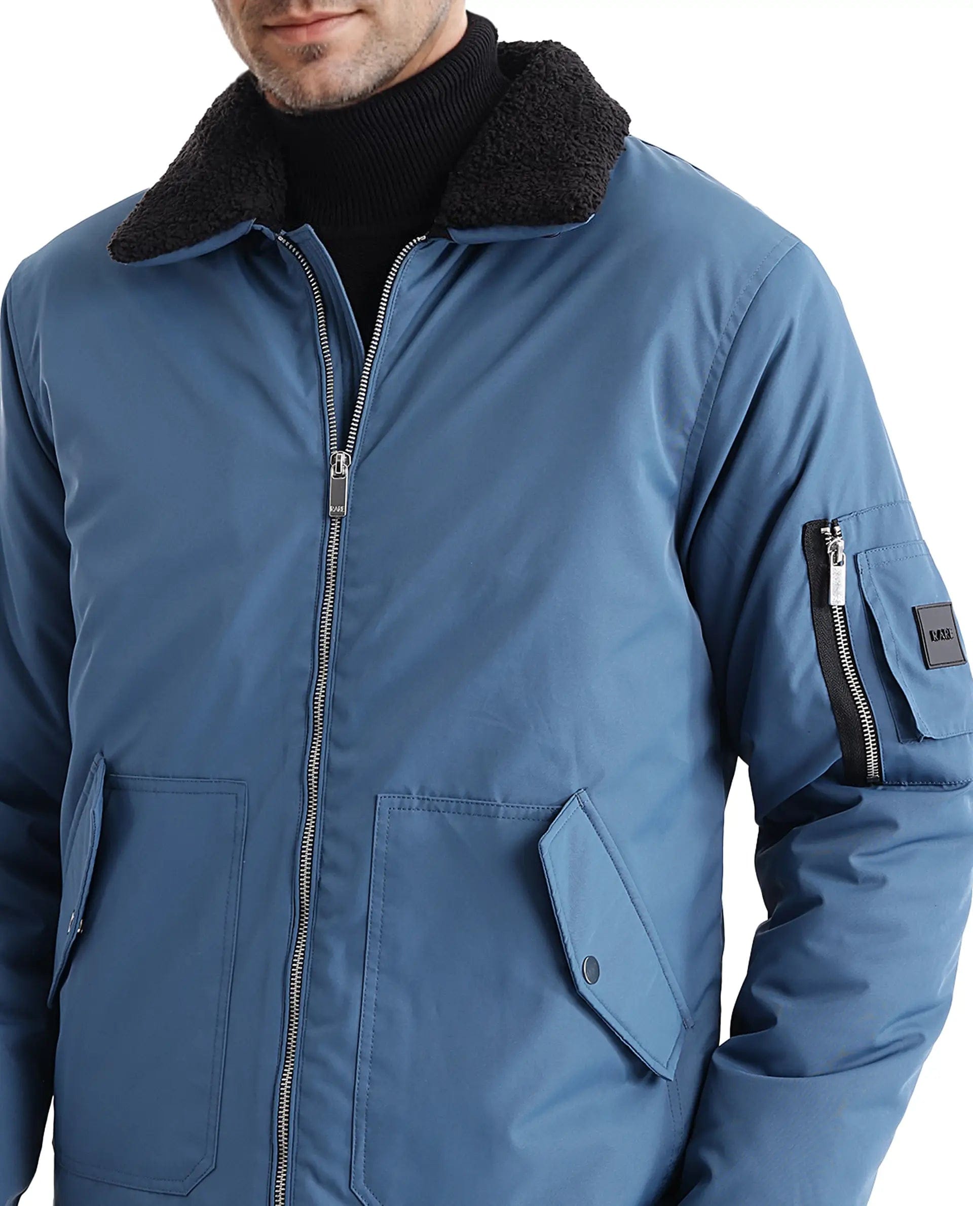 RARE Rabbit Men's Roboss Teal Polyester Plain Regular Fit Full Sleeve Spread Collar Jacket