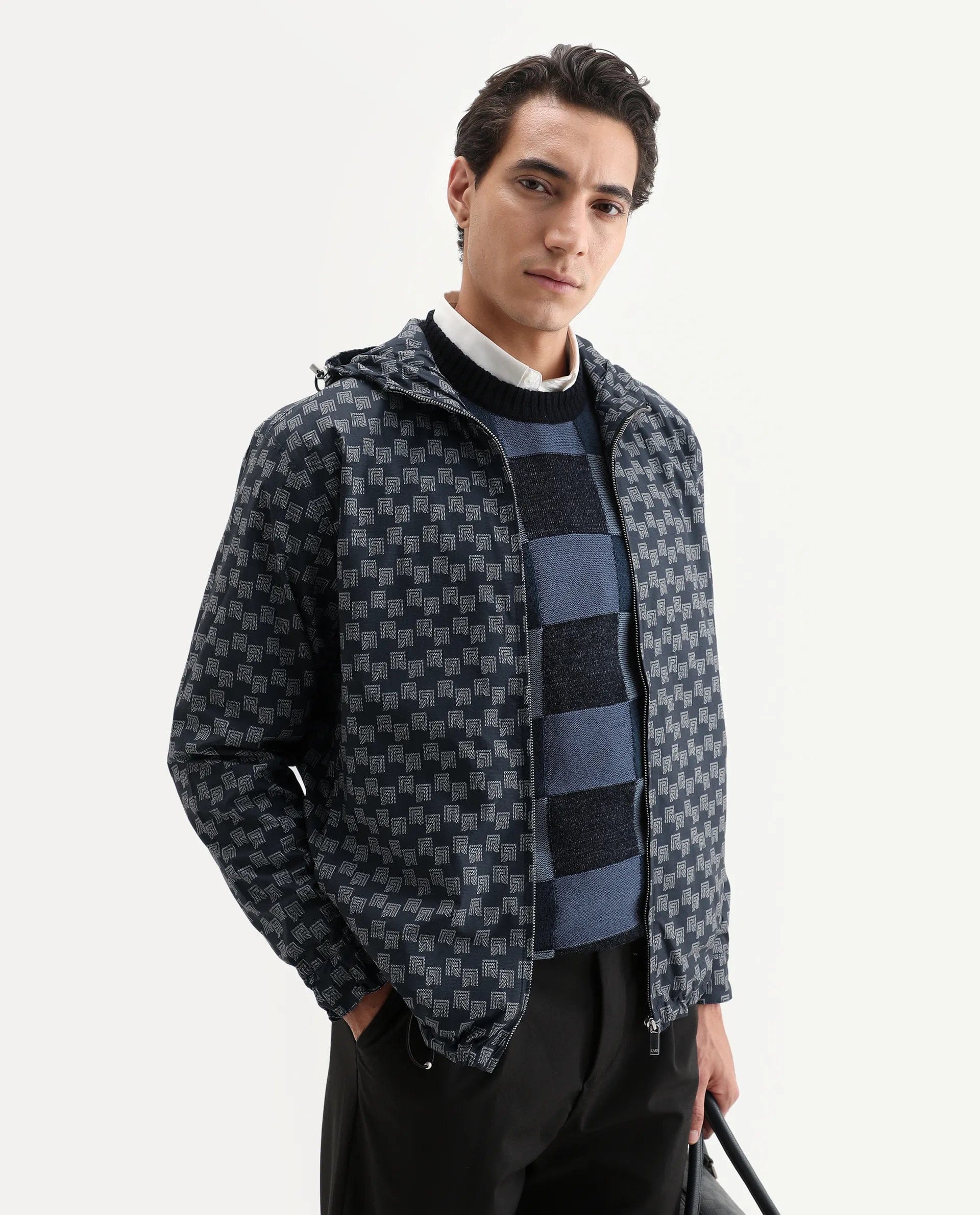 RARE Rabbit Men's Sappon Navy Nylon Monogram Print Boxy Fit Full Sleeve High Neck Jacket