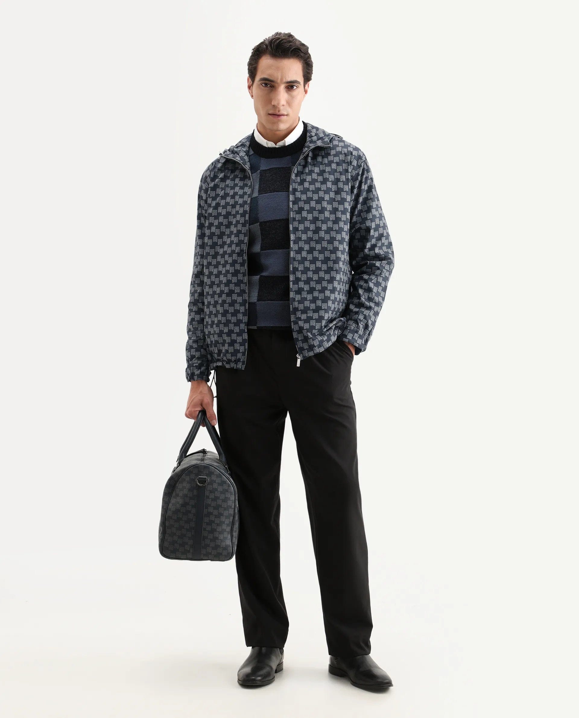 RARE Rabbit Men's Sappon Navy Nylon Monogram Print Boxy Fit Full Sleeve High Neck Jacket