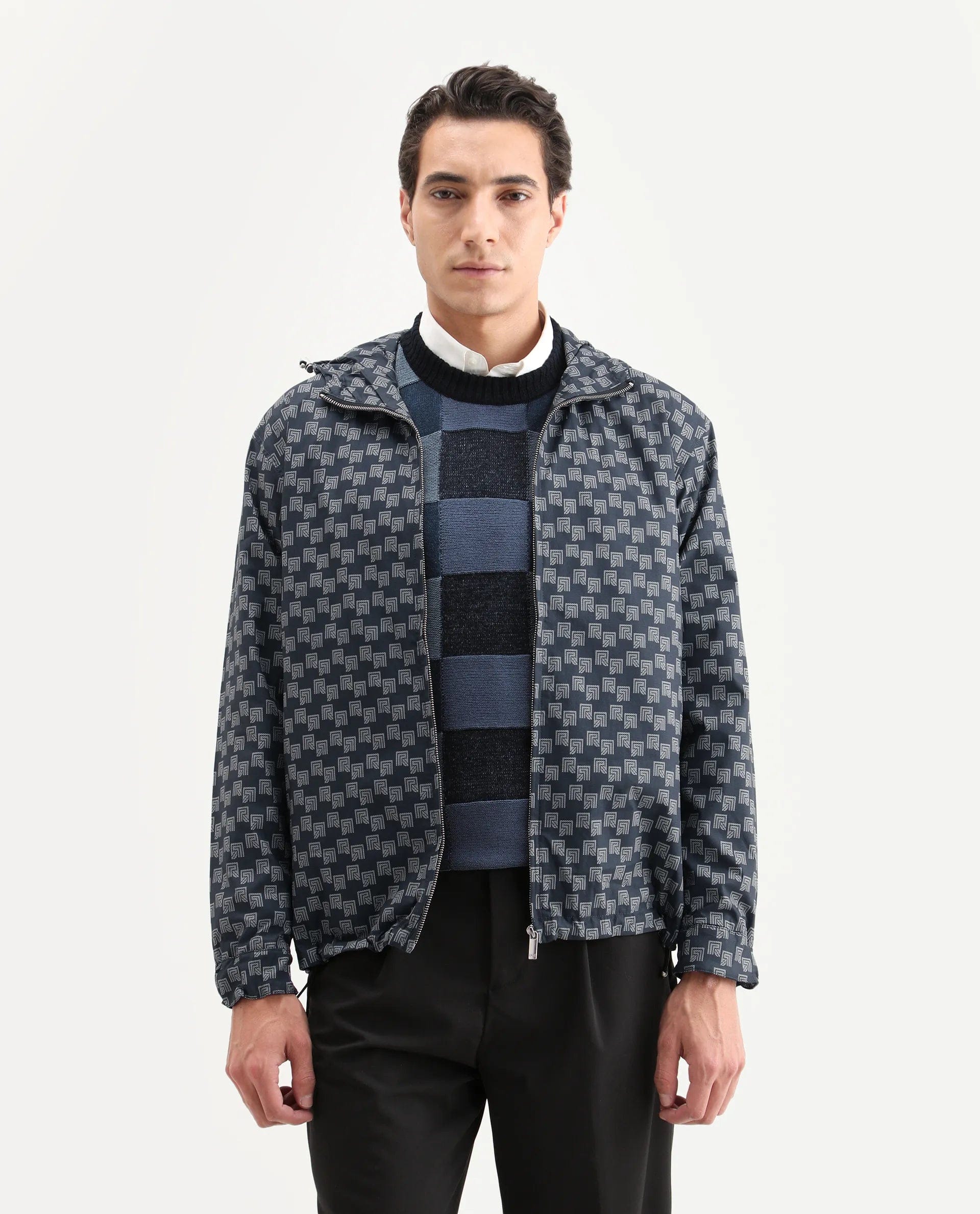 RARE Rabbit Men's Sappon Navy Nylon Monogram Print Boxy Fit Full Sleeve High Neck Jacket