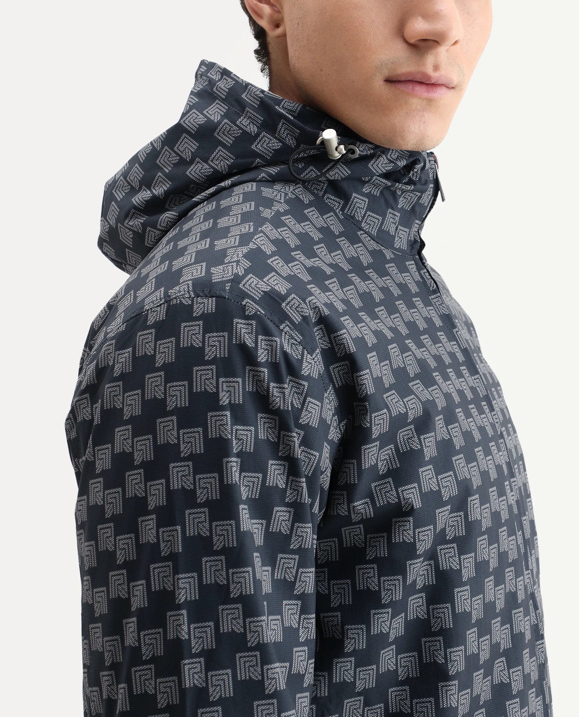 RARE Rabbit Men's Sappon Navy Nylon Monogram Print Boxy Fit Full Sleeve High Neck Jacket
