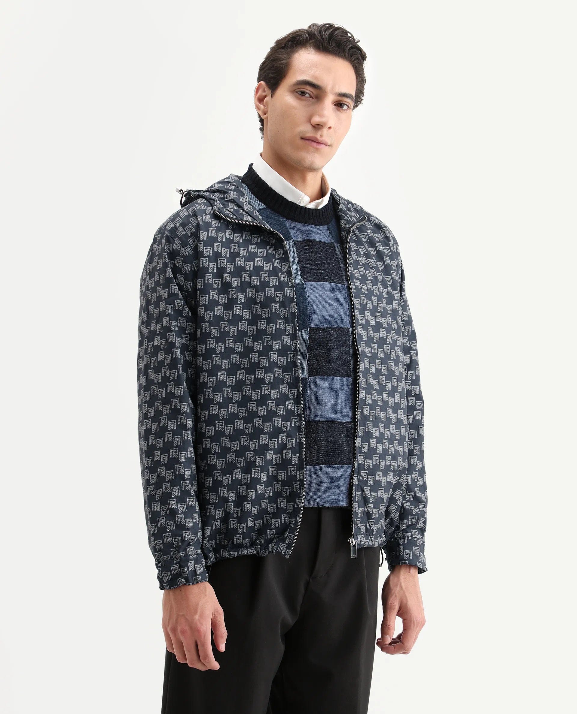 RARE Rabbit Men's Sappon Navy Nylon Monogram Print Boxy Fit Full Sleeve High Neck Jacket