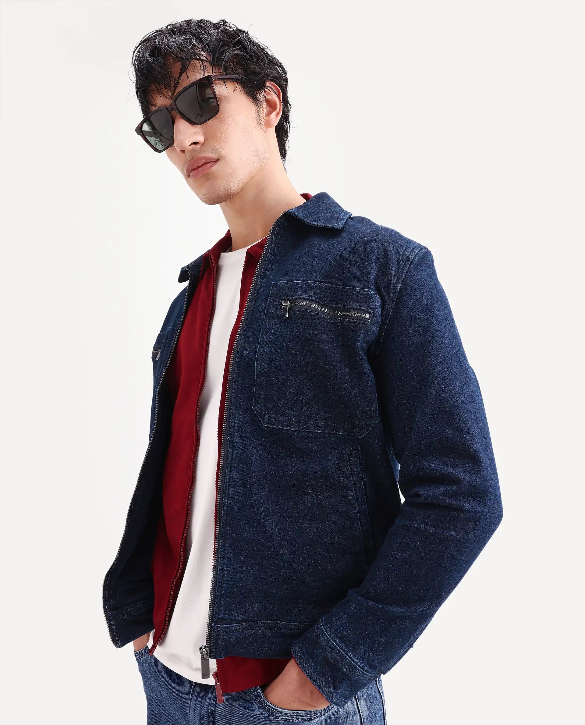 RARE Rabbit Men's Denner Dark Blue Cotton Plain Relaxed Fit Full Sleeve Spread Collar Jacket
