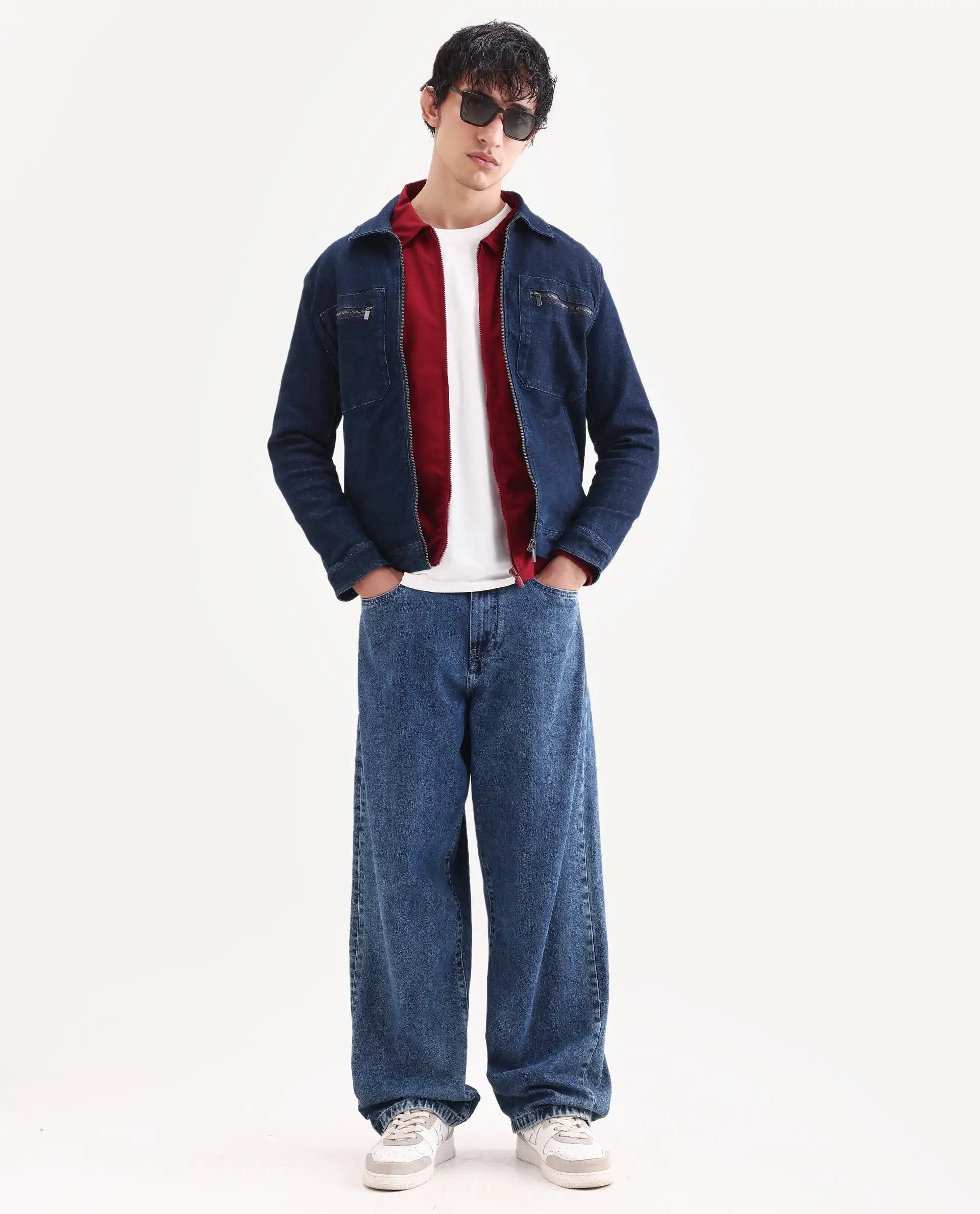 RARE Rabbit Men's Denner Dark Blue Cotton Plain Relaxed Fit Full Sleeve Spread Collar Jacket