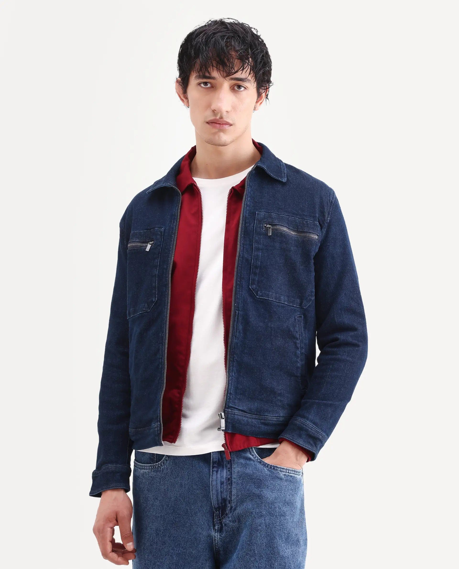 RARE Rabbit Men's Denner Dark Blue Cotton Plain Relaxed Fit Full Sleeve Spread Collar Jacket