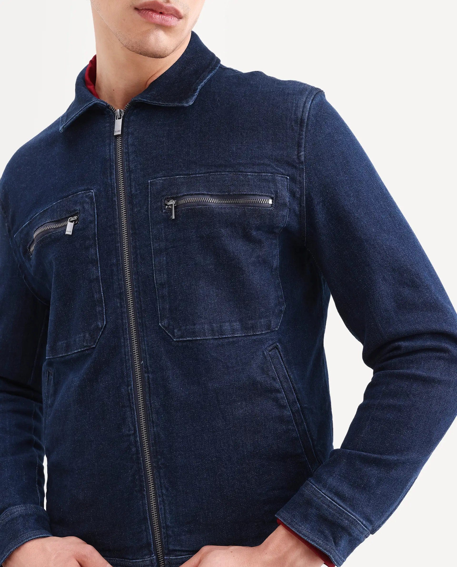 RARE Rabbit Men's Denner Dark Blue Cotton Plain Relaxed Fit Full Sleeve Spread Collar Jacket