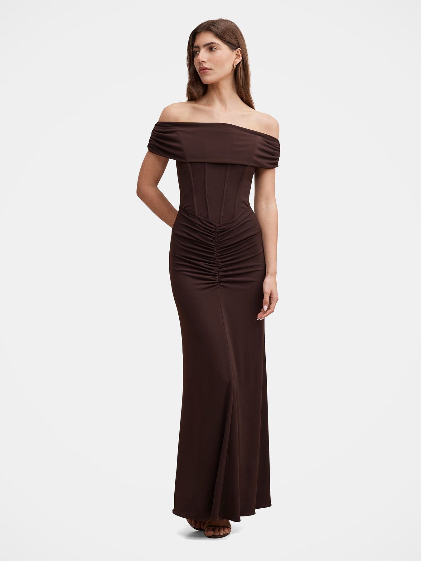 Forever New Ania Ruched Bardot Maxi Dress Brown