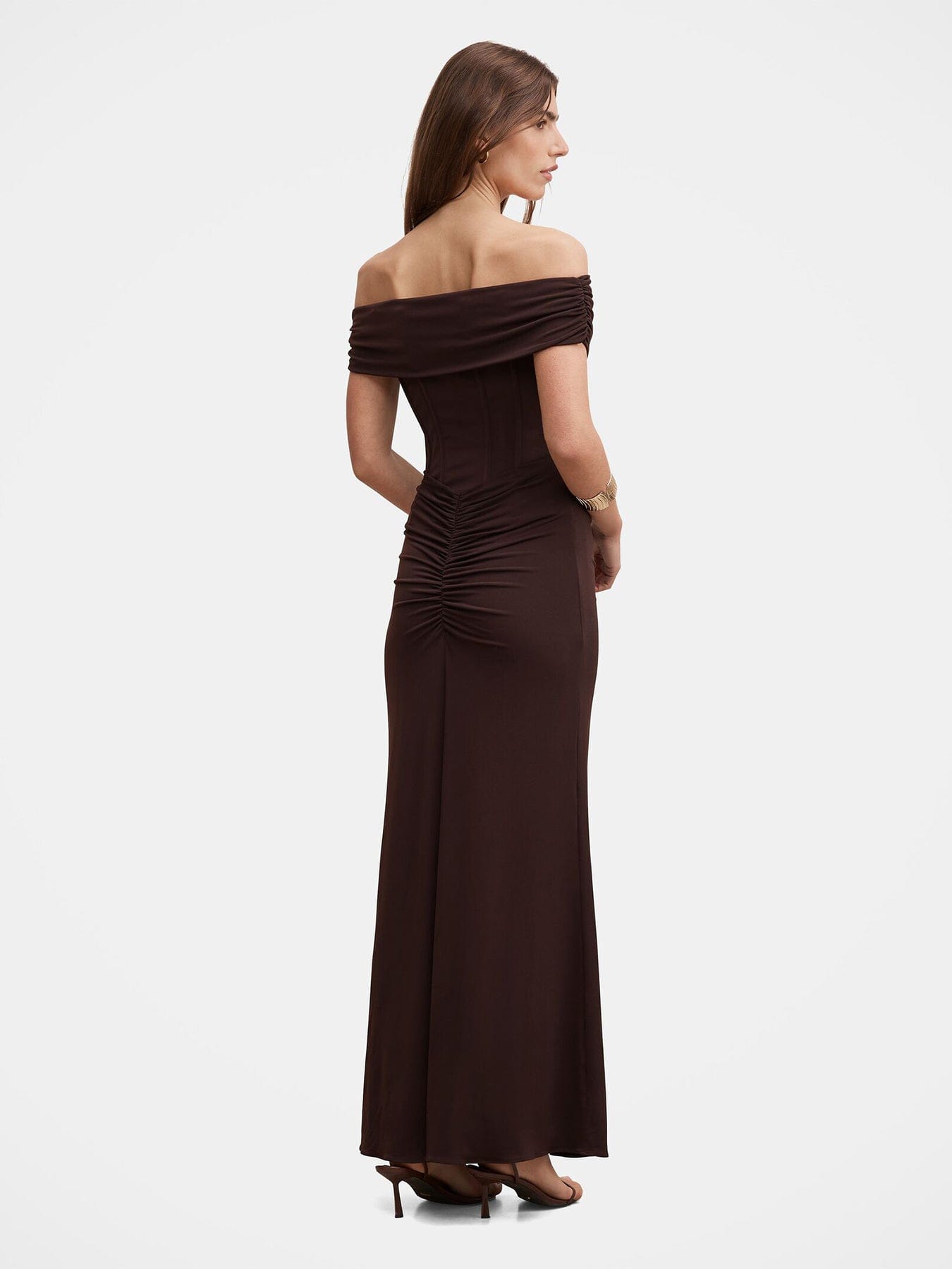 Forever New Ania Ruched Bardot Maxi Dress Brown