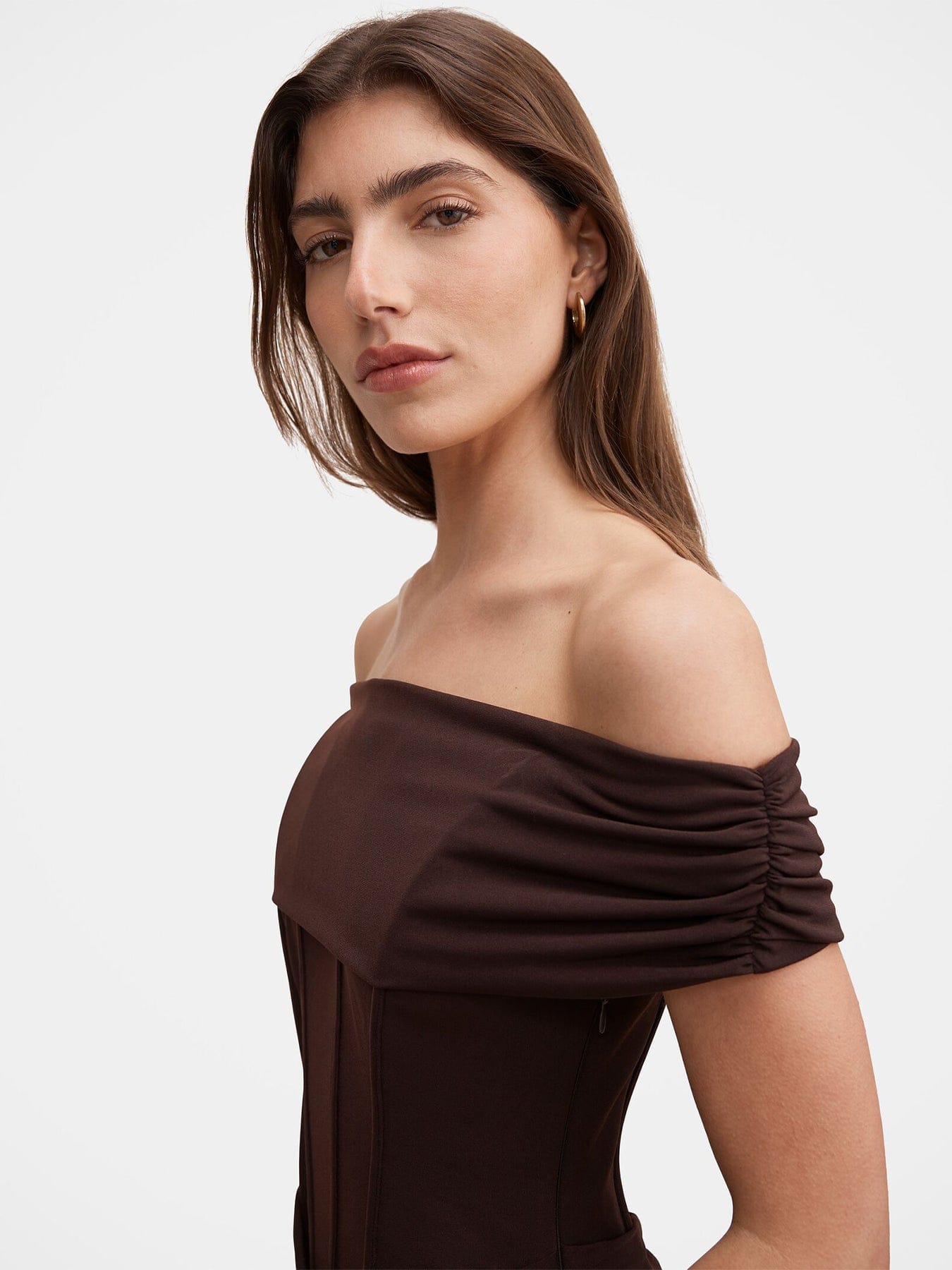 Forever New Ania Ruched Bardot Maxi Dress Brown
