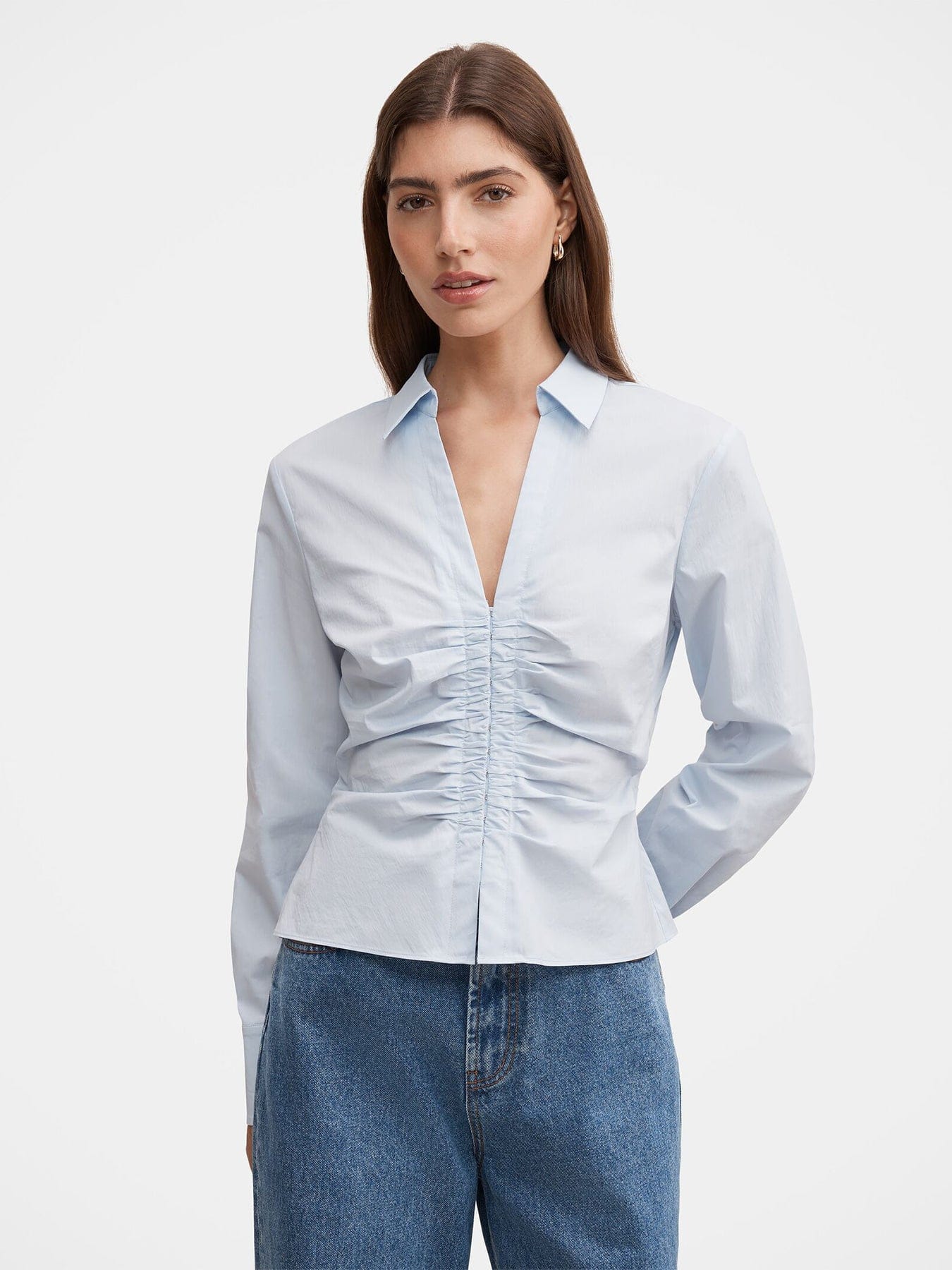 Forever New Ainsley Gathered Shirt Blue